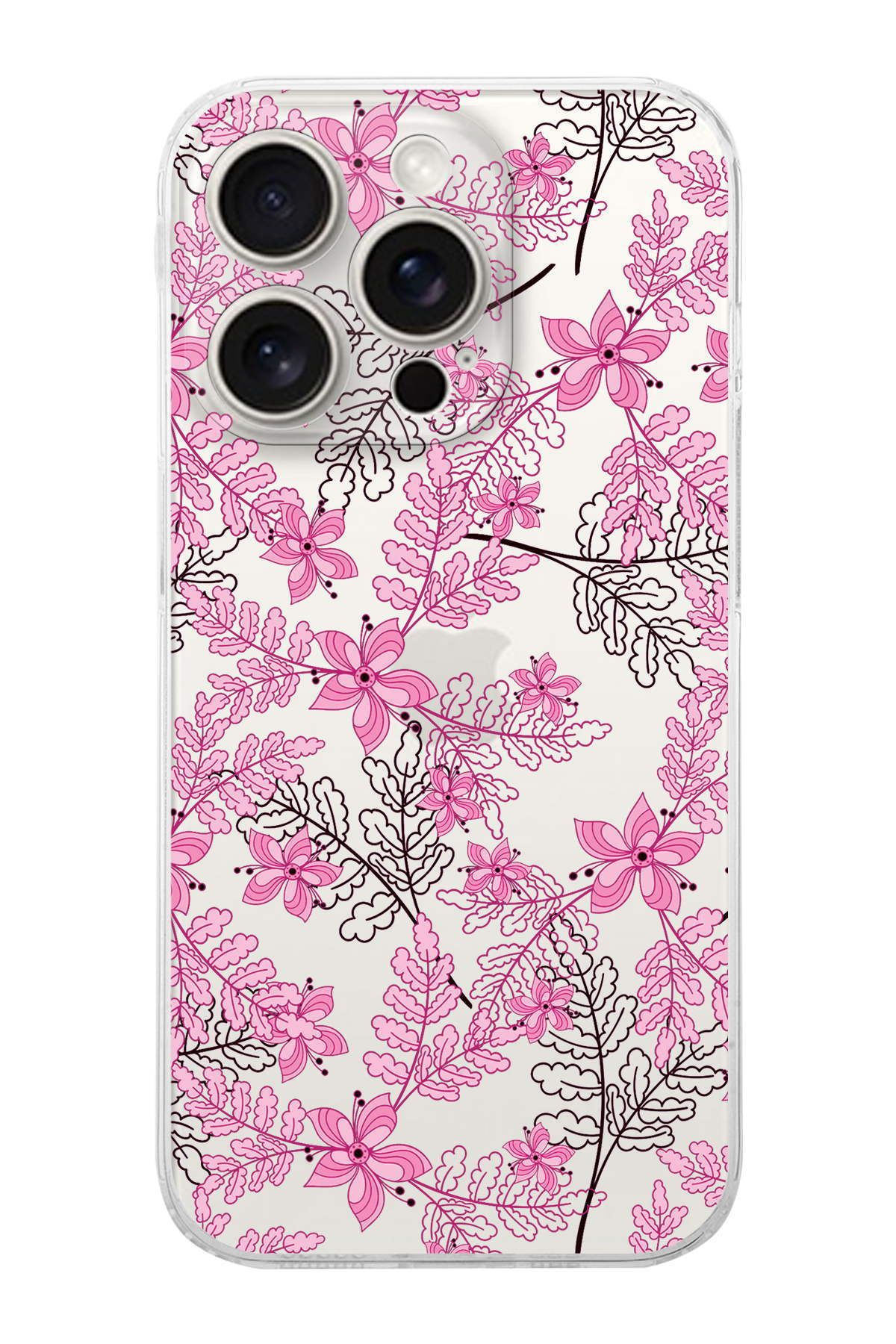 PrintiFy Apple iPhone 15 Pro Max Uyumlu Kamera Korumalı Floral Pembe Tasarımlı Şeffaf Kılıf