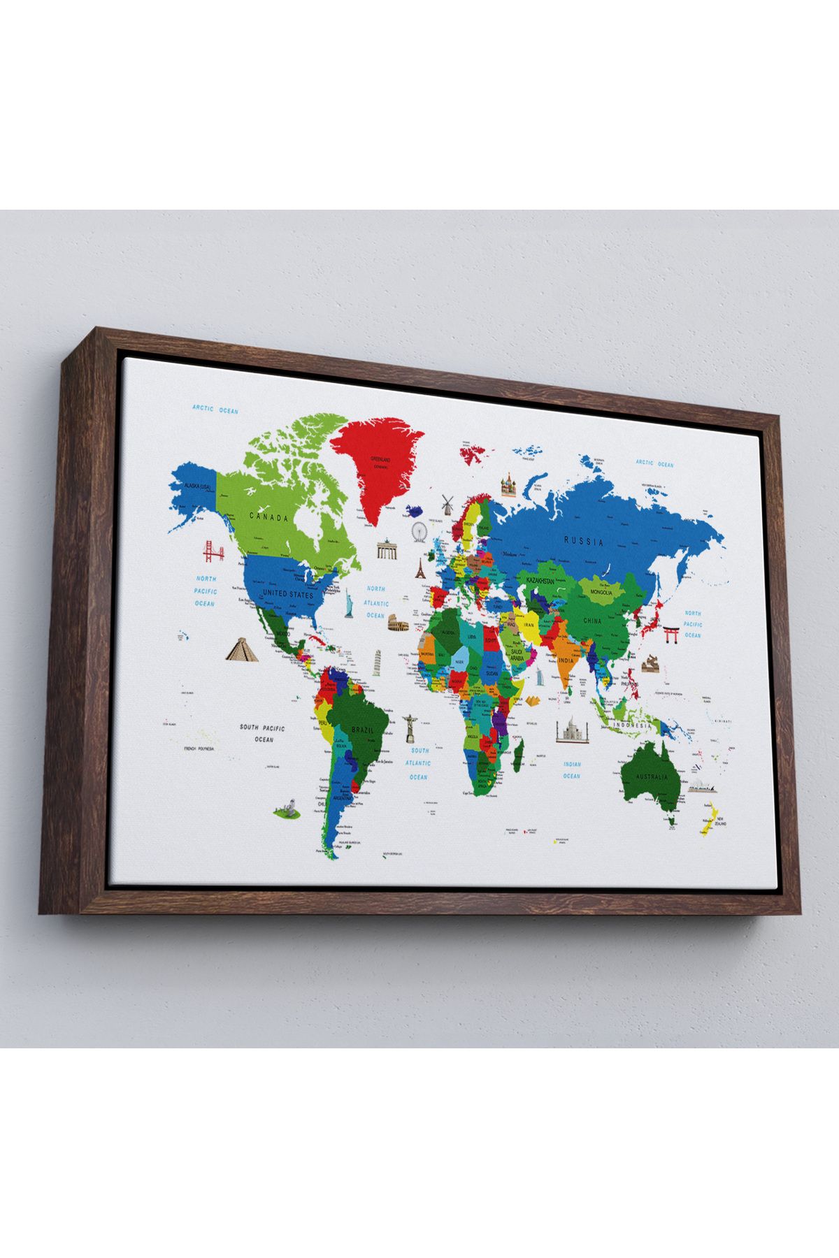 Harita Sepeti Ünlü Yerler Sembollü Kanvas Çerçeveli Dünya Haritası 1002