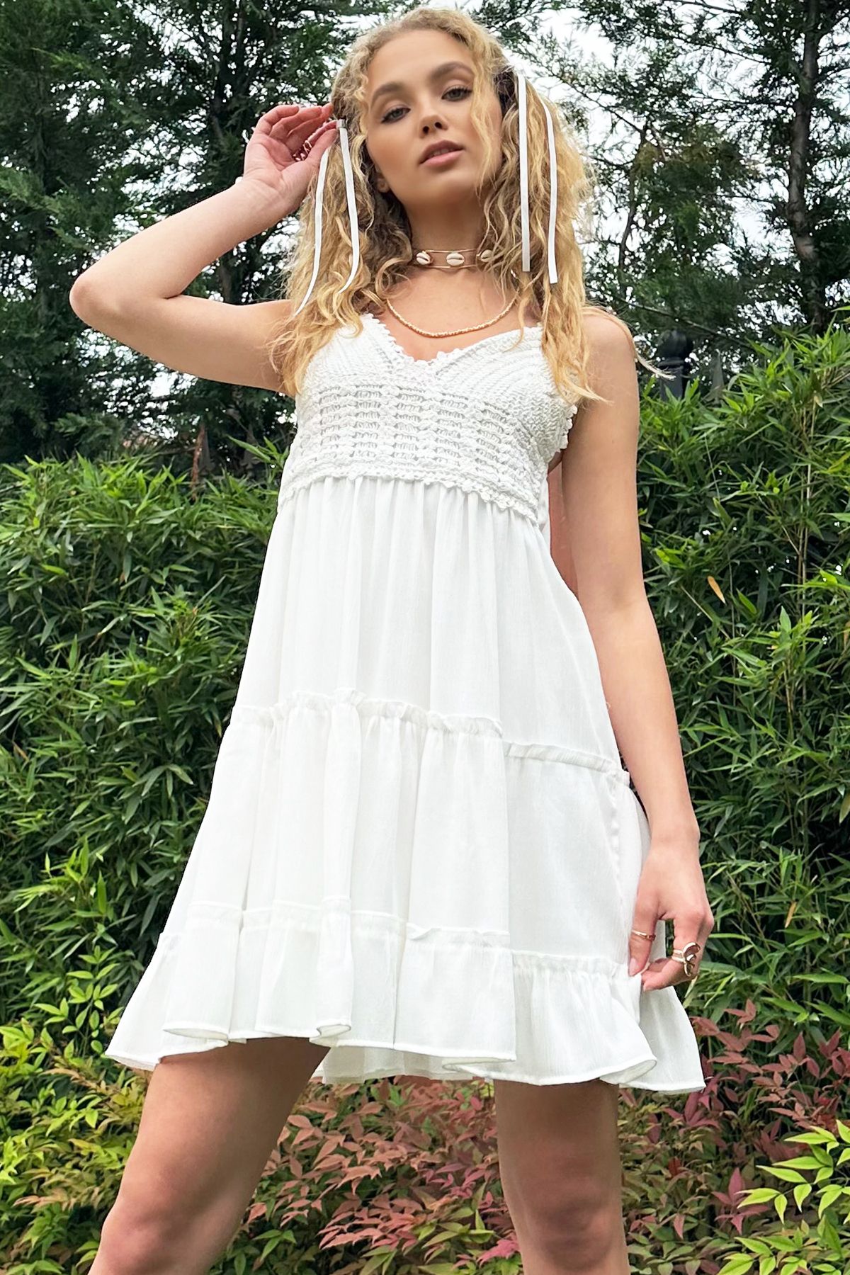 Trend Alaçatı Stili Kadın Beyaz Askılı Kroşeta Güpürlü Elbise ALC-X12166