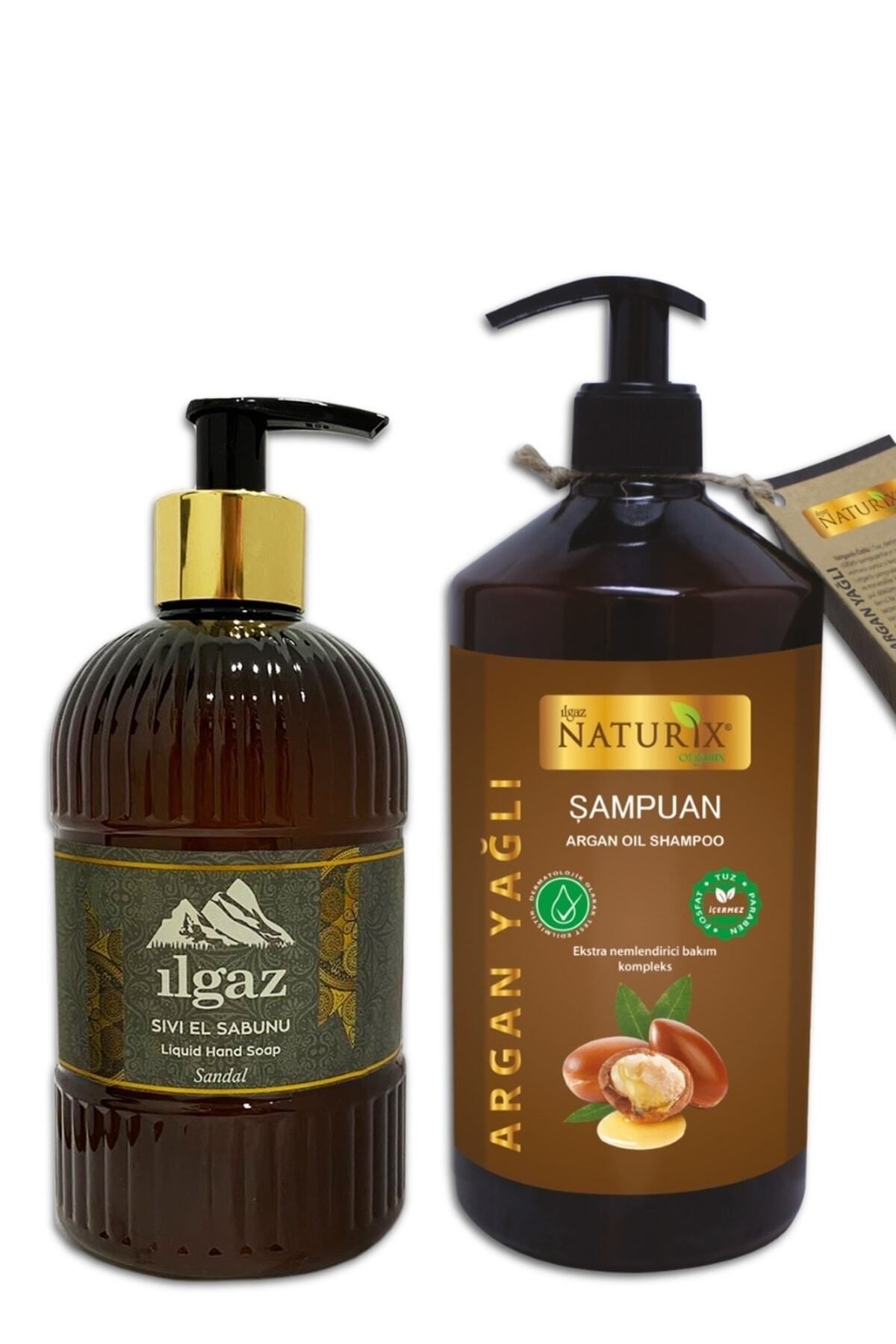 ILGAZ Parabensiz Bitkisel Tuzsuz Argan Şampuan 600 ml Tüm Saçlara + Sandal Ağacı Sıvı El Sabunu 475 ml