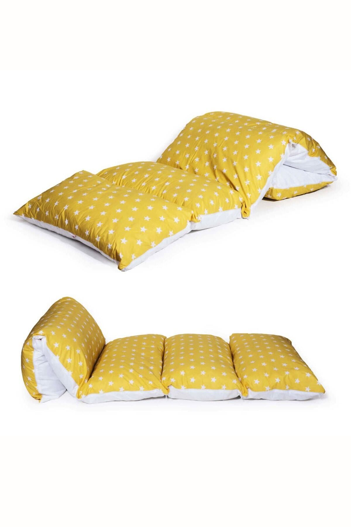 Bundera Puf Sarı Yıldızlı Çocuk Katlanır Yer Minderi Bebek Yer Yatağı 5 Bölmeli Yastık Oyun Halısı