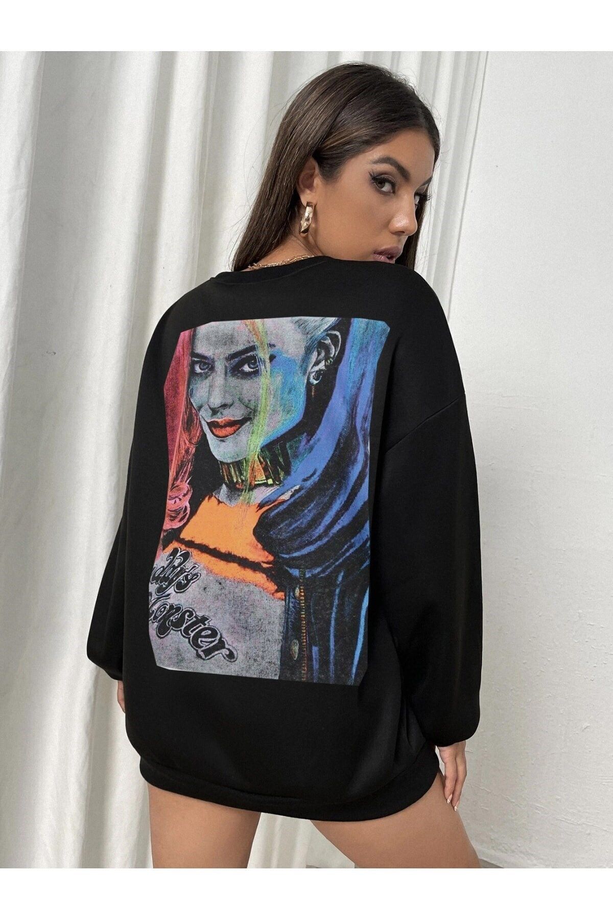 Millionaire Kadın Siyah Harley Quinn Baskılı Oversize Sweatshirt - K20027
