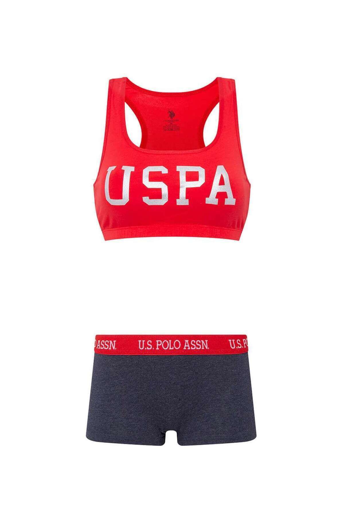 U.S. Polo Assn. Kadın Kalın Askılı Pamuklu Likralı Kırmızı Büstiyer & Boxer Seti
