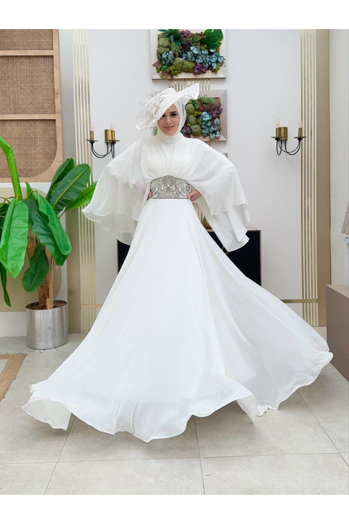 Bym Fashion Pelerinli Bel Taş İşleme Detay Şifon Abiye Elbise