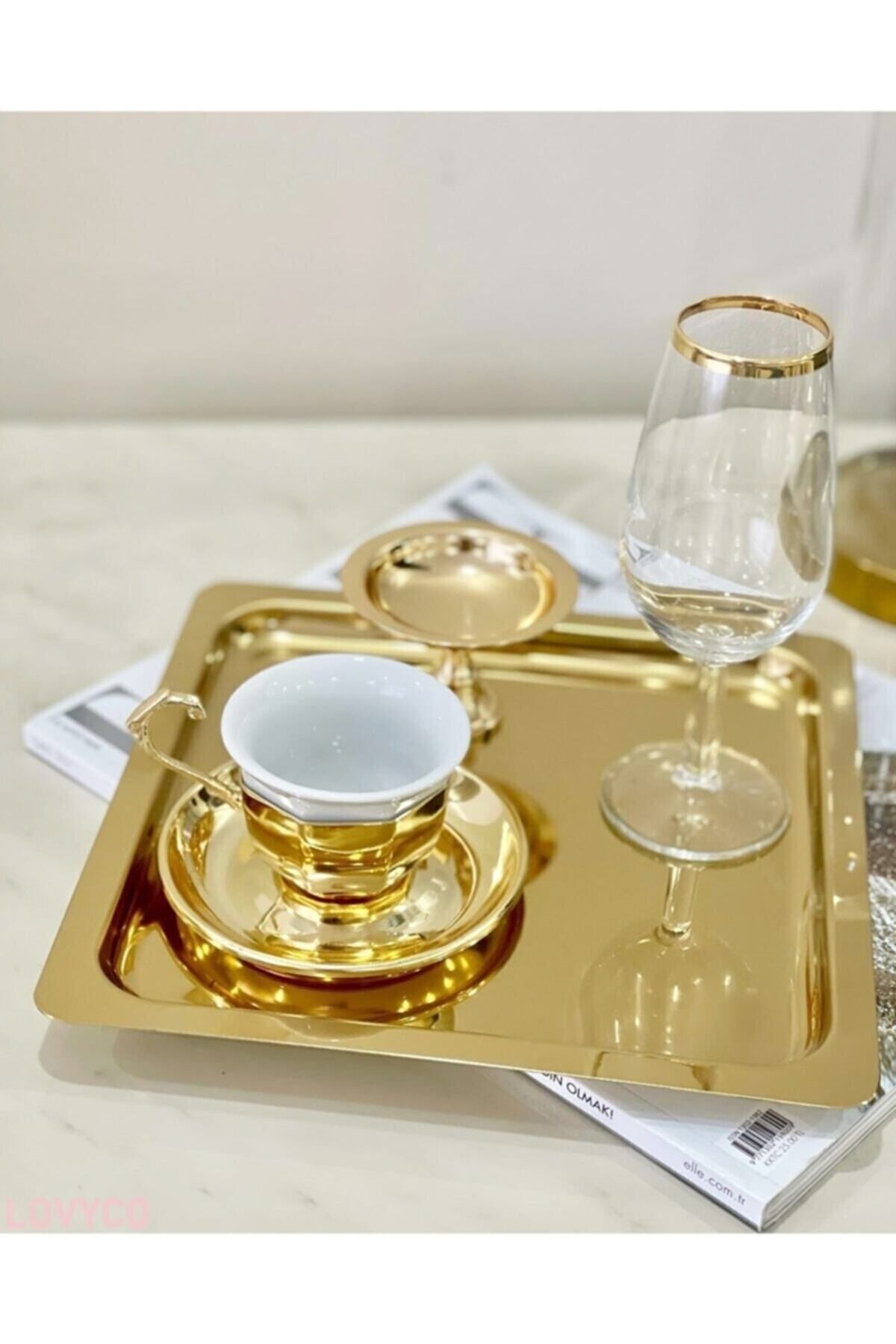 Abant Gold Altın Renk Kare Paslanmaz Çelik Kahve Servis Sunum Tepsi & Tabağı 1 Adet(21X21CM)