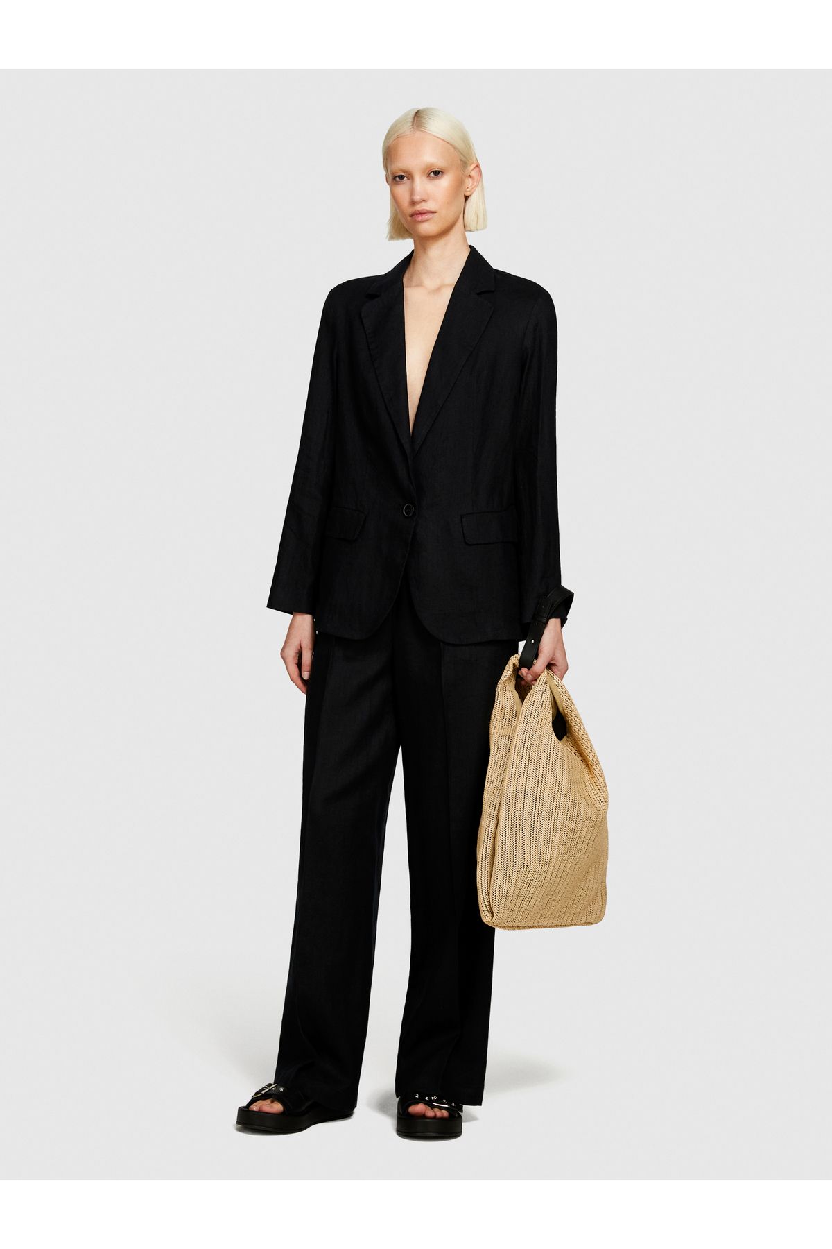 Sisley Kadın Siyah %100 Keten Kapaklı Cep Tasarımı Tek Düğmeli Blazer Ceket