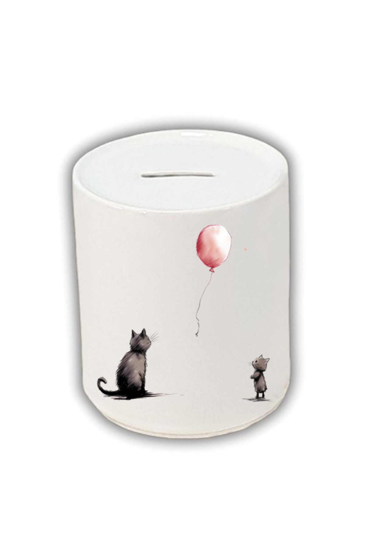 lili hediyelik Kedi ve Balon Baskılı Kumbara - Seramik Para Biriktirme Kumbarası