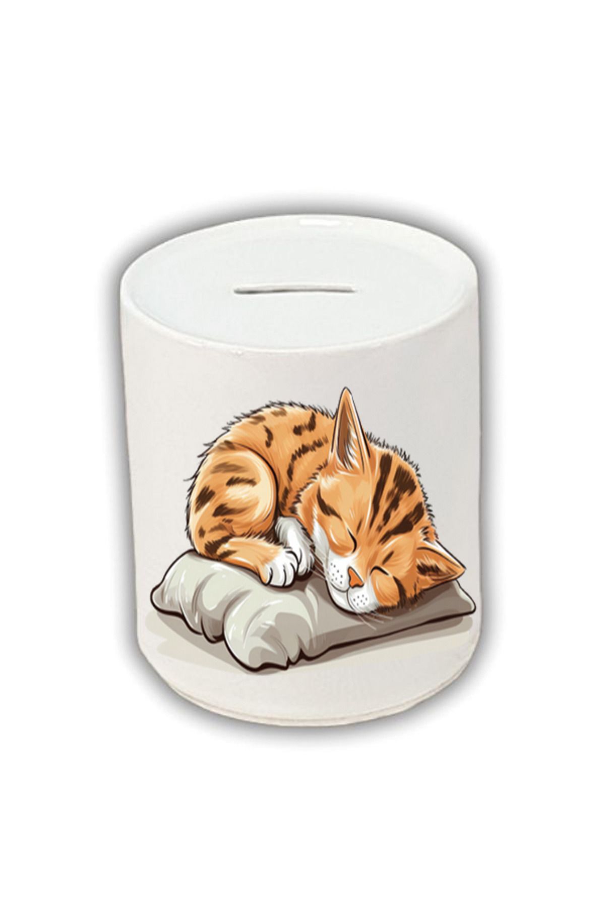 lili hediyelik Uyuyan Kedi Baskılı Kumbara - Seramik Para Biriktirme Kumbarası