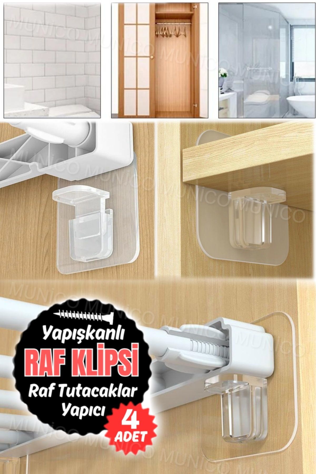 Munico 4 Adet Taşınabilir Bölücü Braketi Ev Kendinden Yapışkanlı Raf Destek Tutucular Duvara Monte Klips