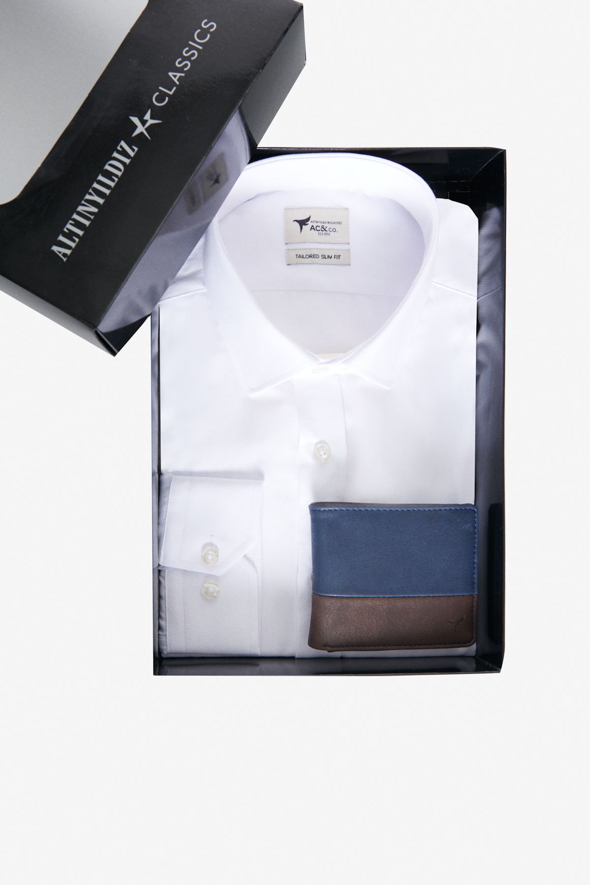 AC&Co / Altınyıldız Classics Erkek Beyaz-Lacivert-Kahverengi Özel Hediye Kutulu Slim Fit Pamuklu Gömlek-Cüzdan Set