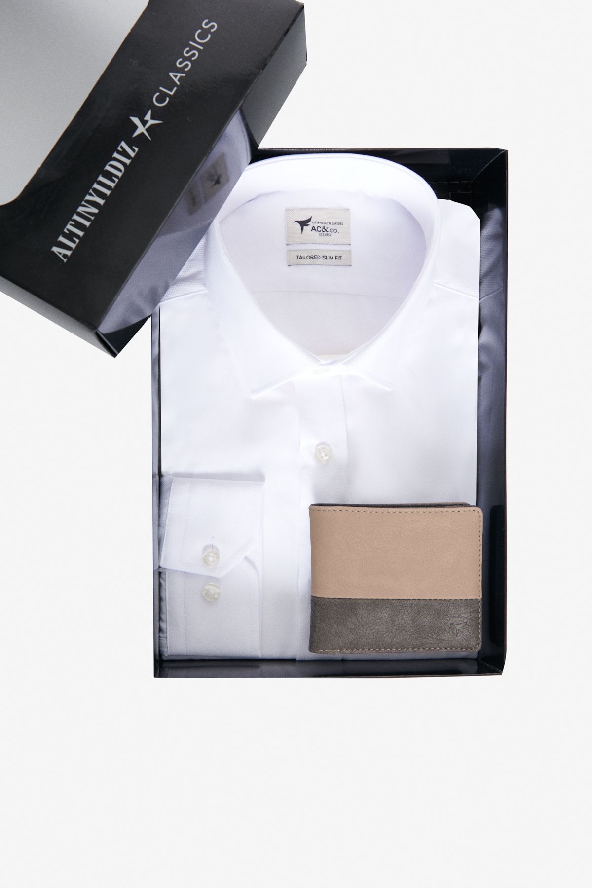 AC&Co / Altınyıldız Classics Erkek Beyaz Vizon Antrasit Özel Hediye Kutulu Slim Fit Pamuklu Gömlek-Cüzdan Set