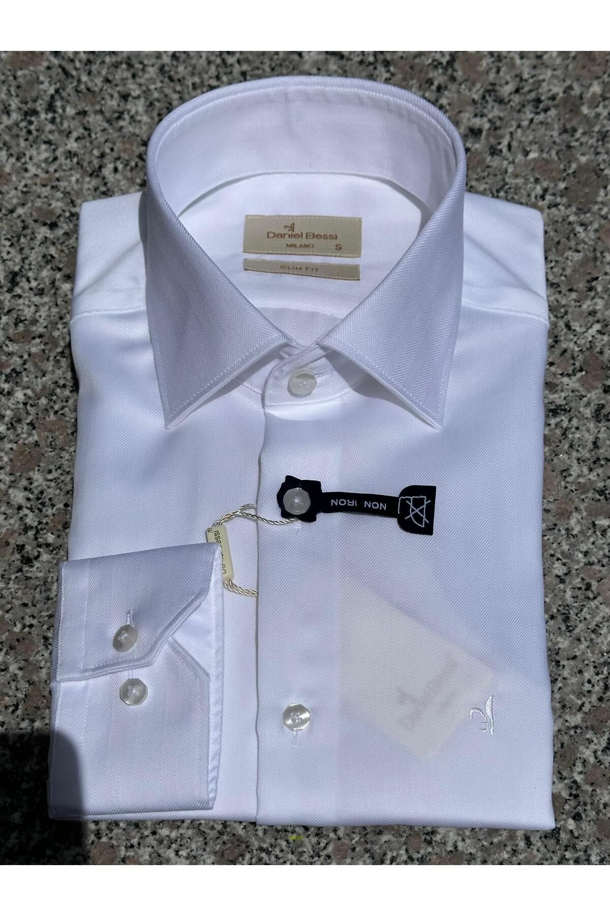 Daniel Bessi Uzun Kollu Slim Fit %100 Pamuk Twill Non-Iron Ütü Gerektirmeyen Kırışmayan Klasik Erkek Gömlek