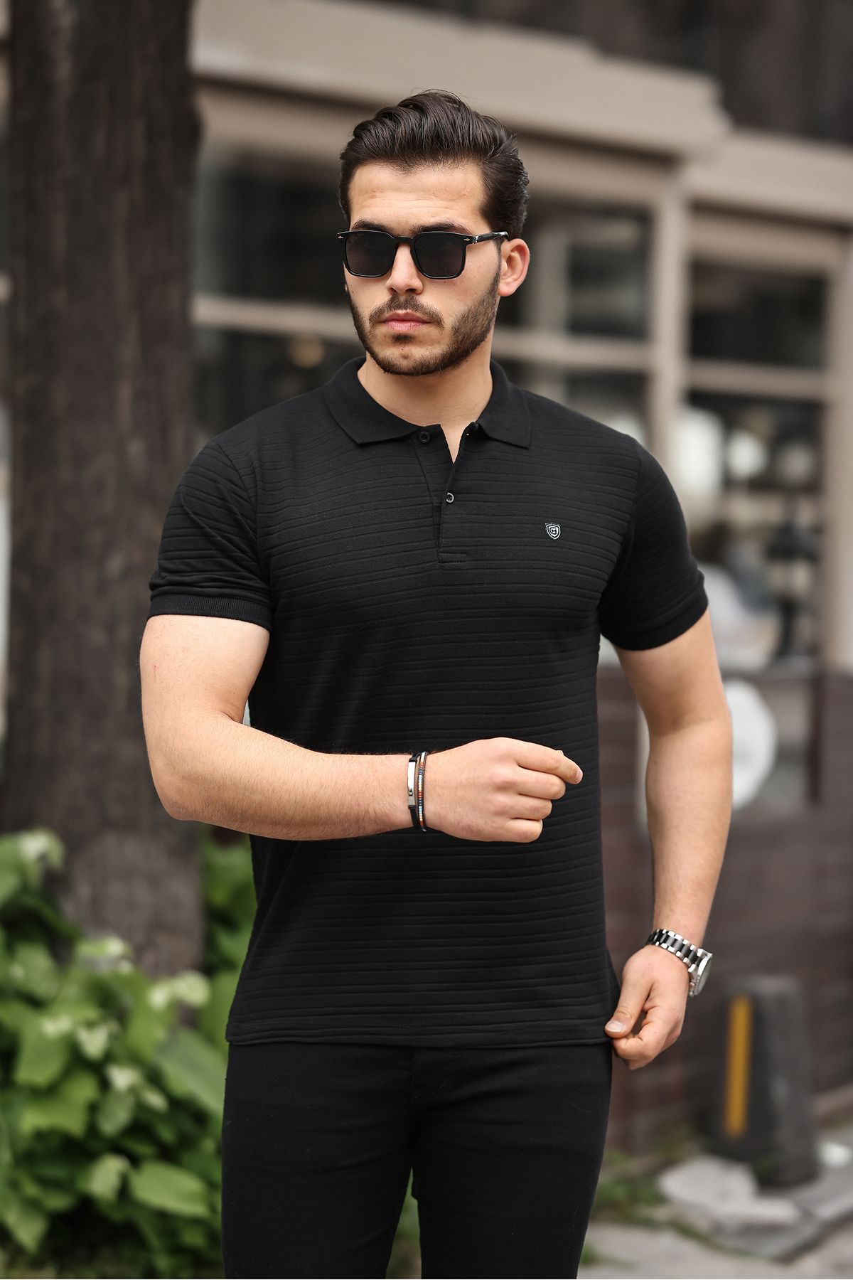 COMBİNE MİCHAİL Erkek Çekmeyen Pamuklu Kumaş Slim Fit Dar Kesim Siyah Kıvrılmaz Polo Yaka T-shirt