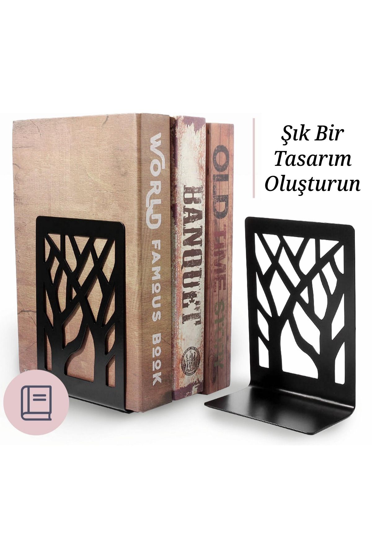 3art Metal Ağaç Desenli Dekoratif Kitap Tutucu - Metal Kitap Ayracı - Kitap Standı 2'li Set