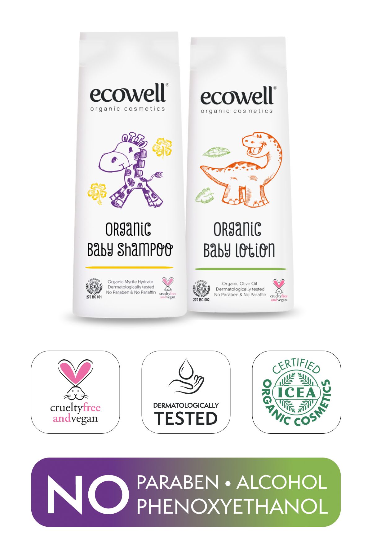 Ecowell Bebek Saç & Vücut Şampuanı + Nemlendirici Yüz & Vücut Losyonu, Organik & Vegan Sertifikalı 2 x 300ml