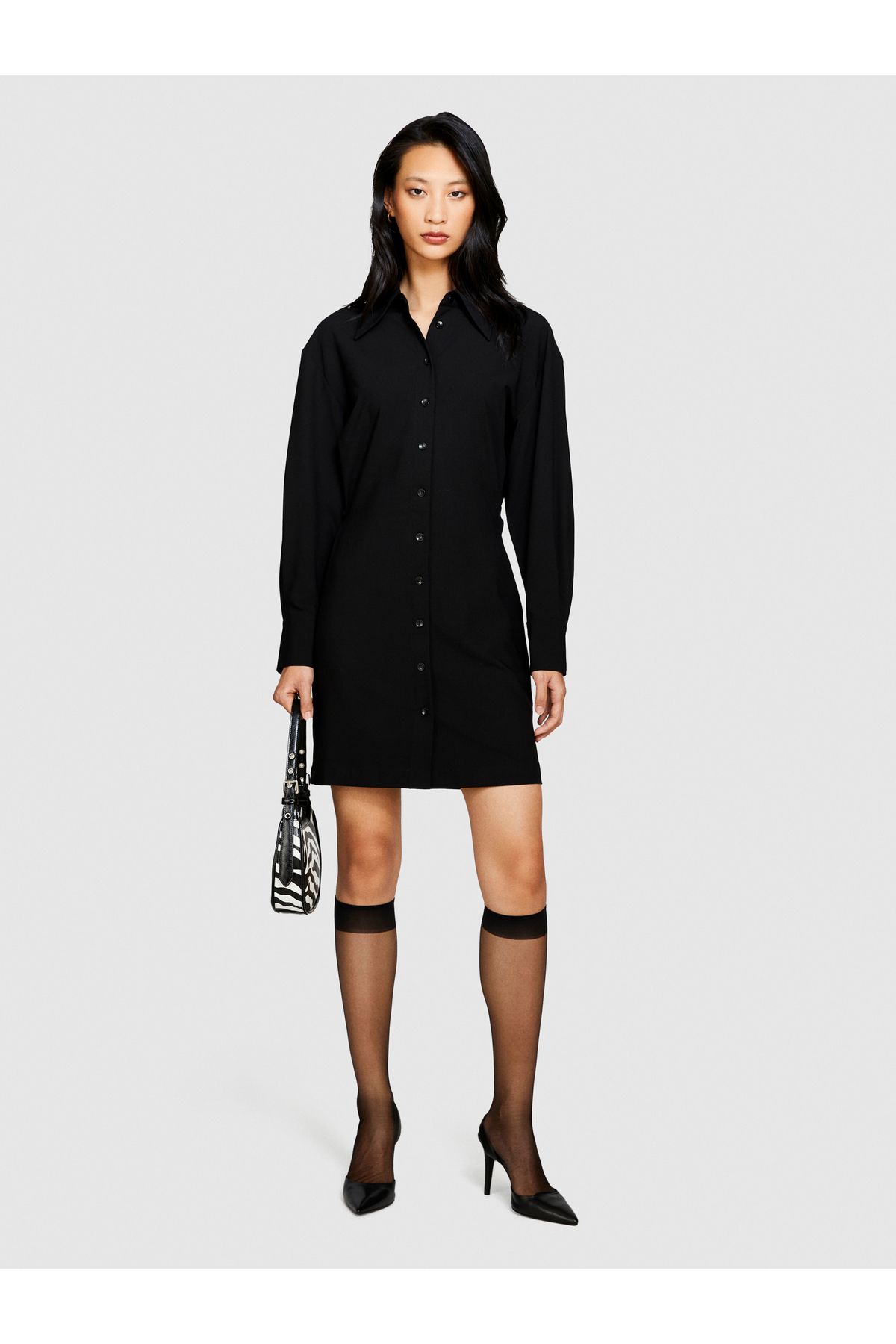 Sisley Kadın Siyah Yün-Viskoz Karışımlı Gömlek Yaka Uzun Kollu Mini Elbise