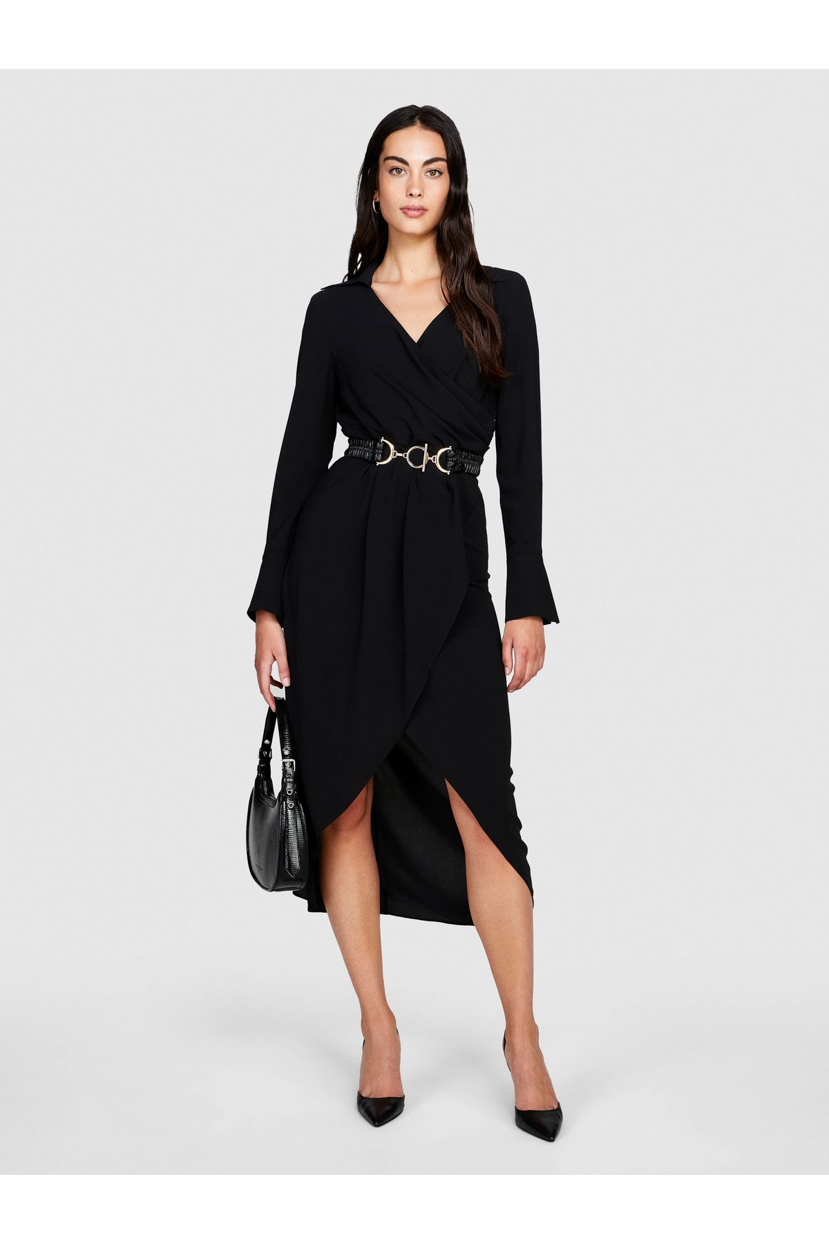 Sisley Kadın Siyah Uzun Kollu Beli Büzgülü Gömlek V Yaka Anvelop Elbise