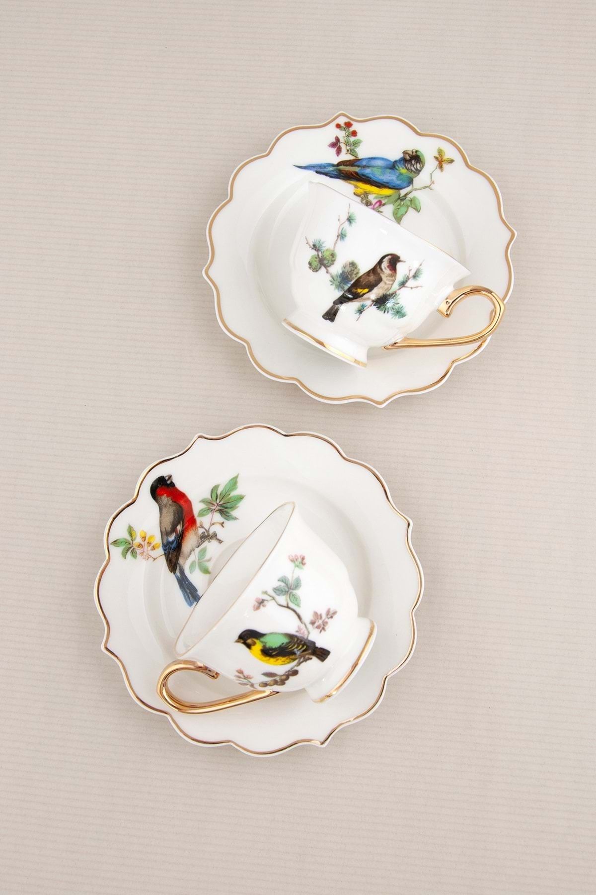 Bursa Porselen Dekor Renkli kuş altın yaldızlı iki kişilik kahve fincan takımı