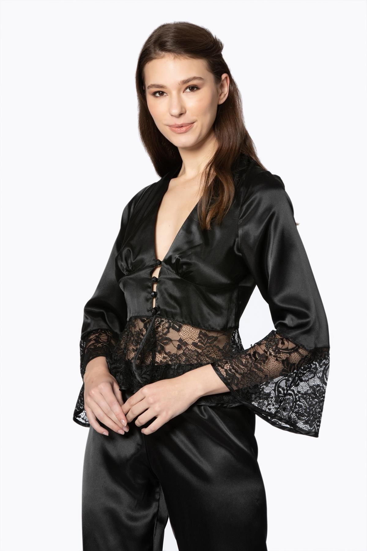 Pierre Cardin Kadın Saten Dantelli Pijama Takımı -1100 Siyah