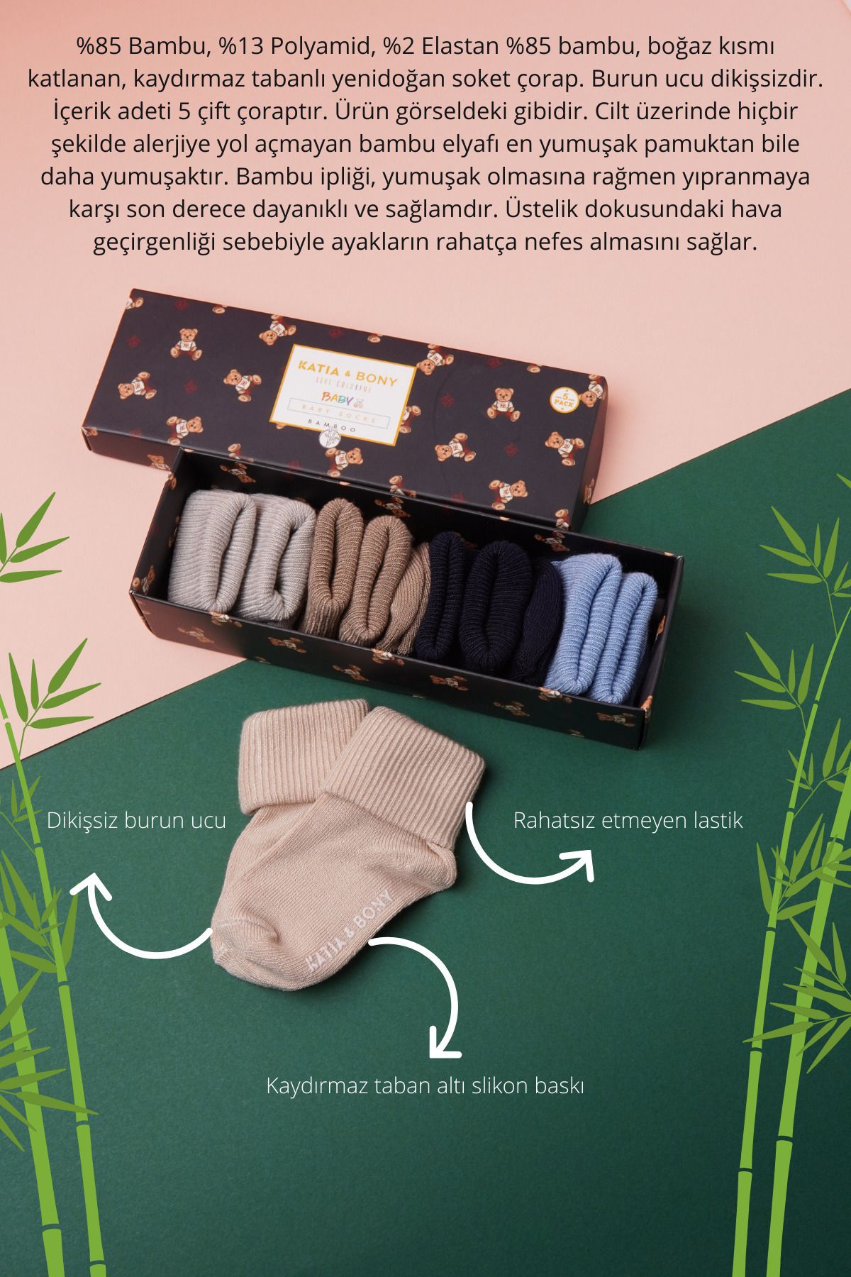 Katia & Bony Renkli Yenidoğan Bamboo 5 Li Bebek Çorap