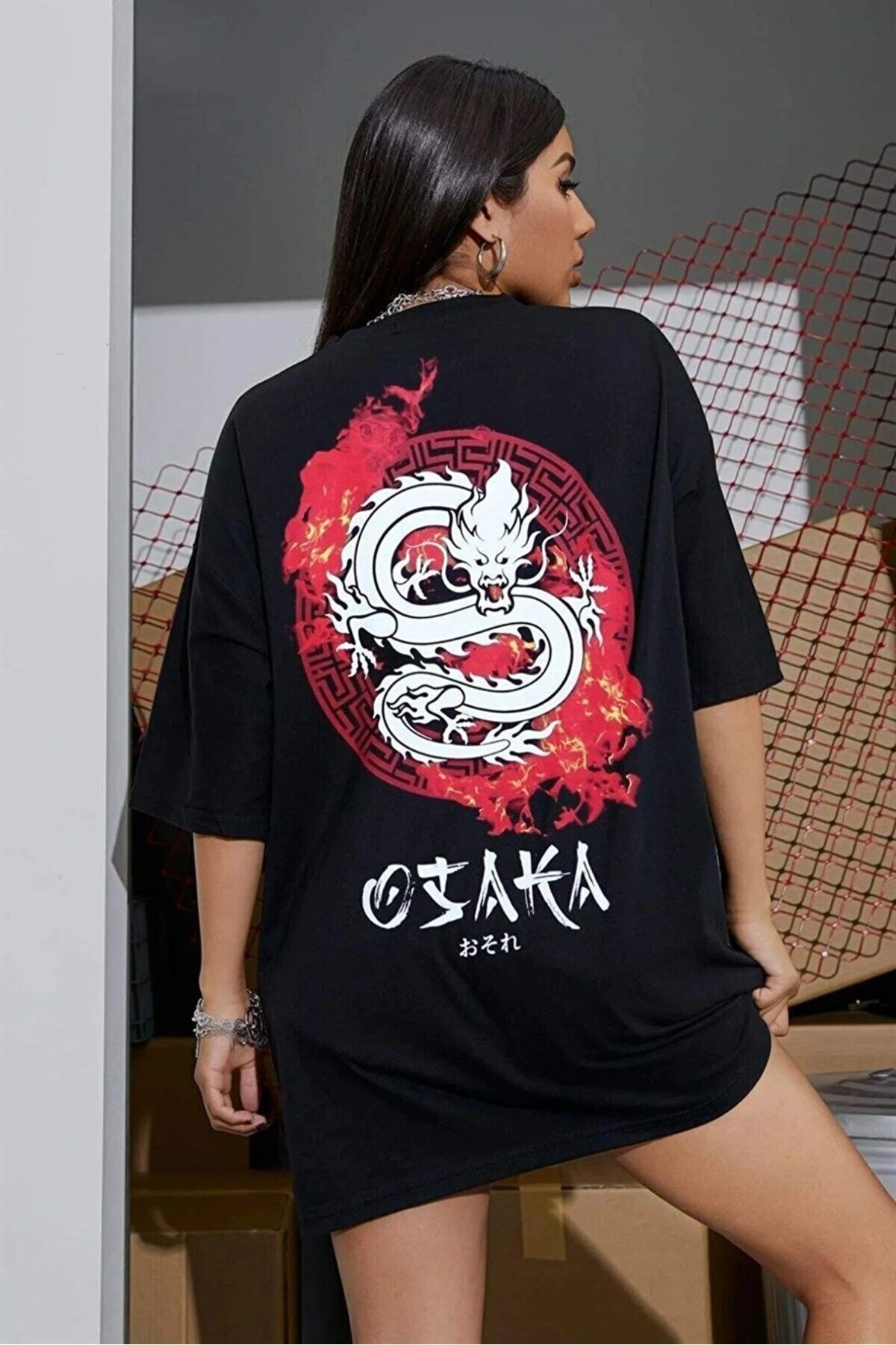 Teenage Millionaire Siyah Osaka Dragon Japonca Baskılı Oversize Salaş Kadın T-shirt - K2103