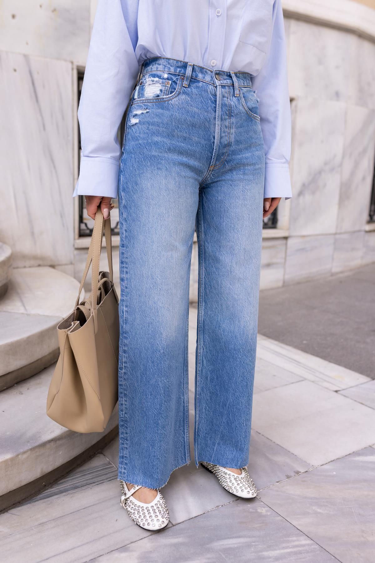 Askı Nişantaşı Klasik Jean Rengi Paçası Kesik Taşlama Detaylı Yüksel Bel Bol Paça Jean Pantolon