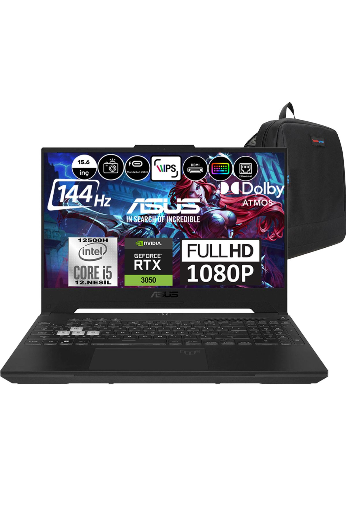 ASUS Tuf Gaming F15  I5 12500H 16GB 512GB SSD 4GB-RTX3050 15.6" Fhd 144Hz W11PRO HN205P01+ZettaÇanta