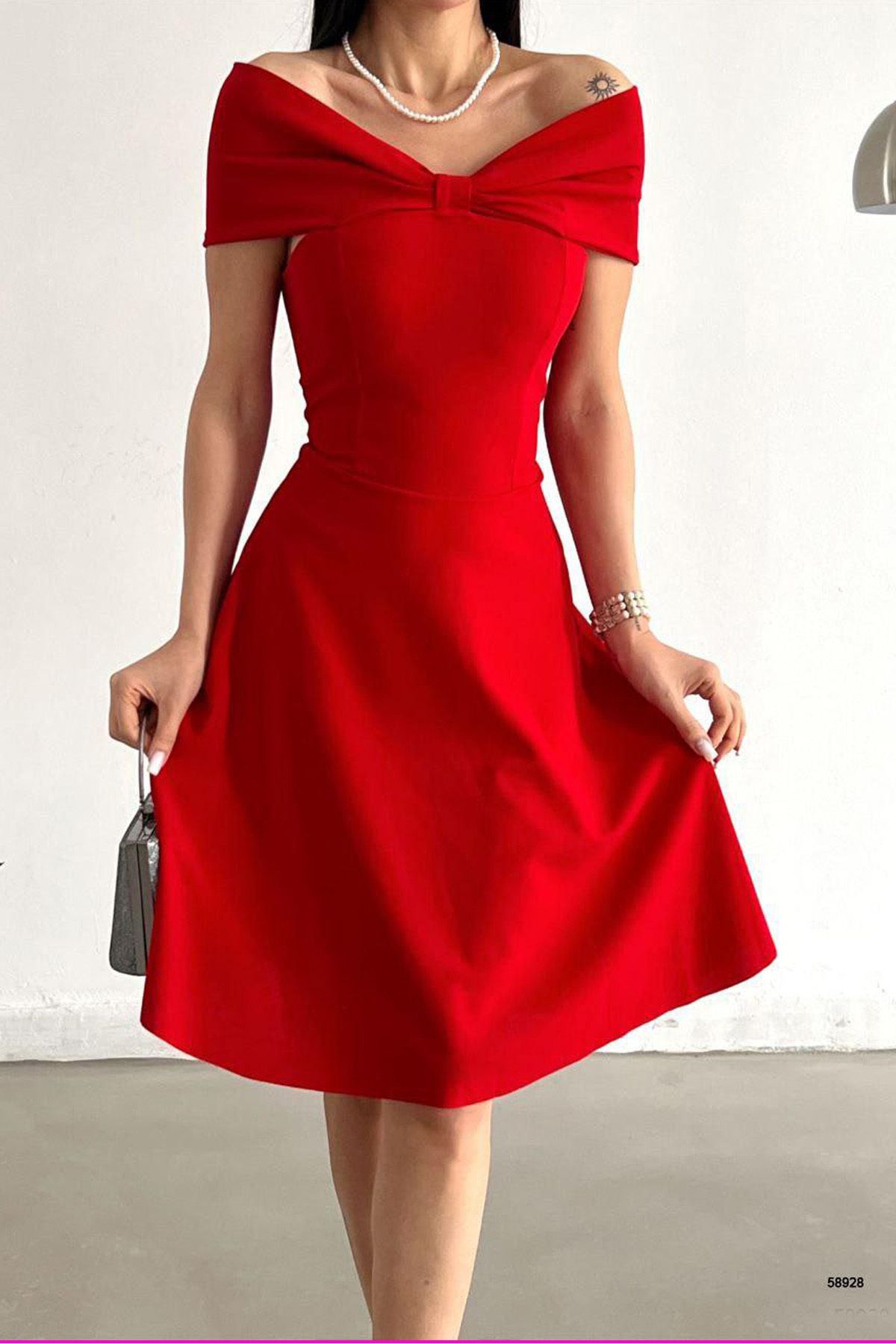 RURIS Kadın Kırmızı İthal Krep Midi Abiye Mezuniyet Elbisesi