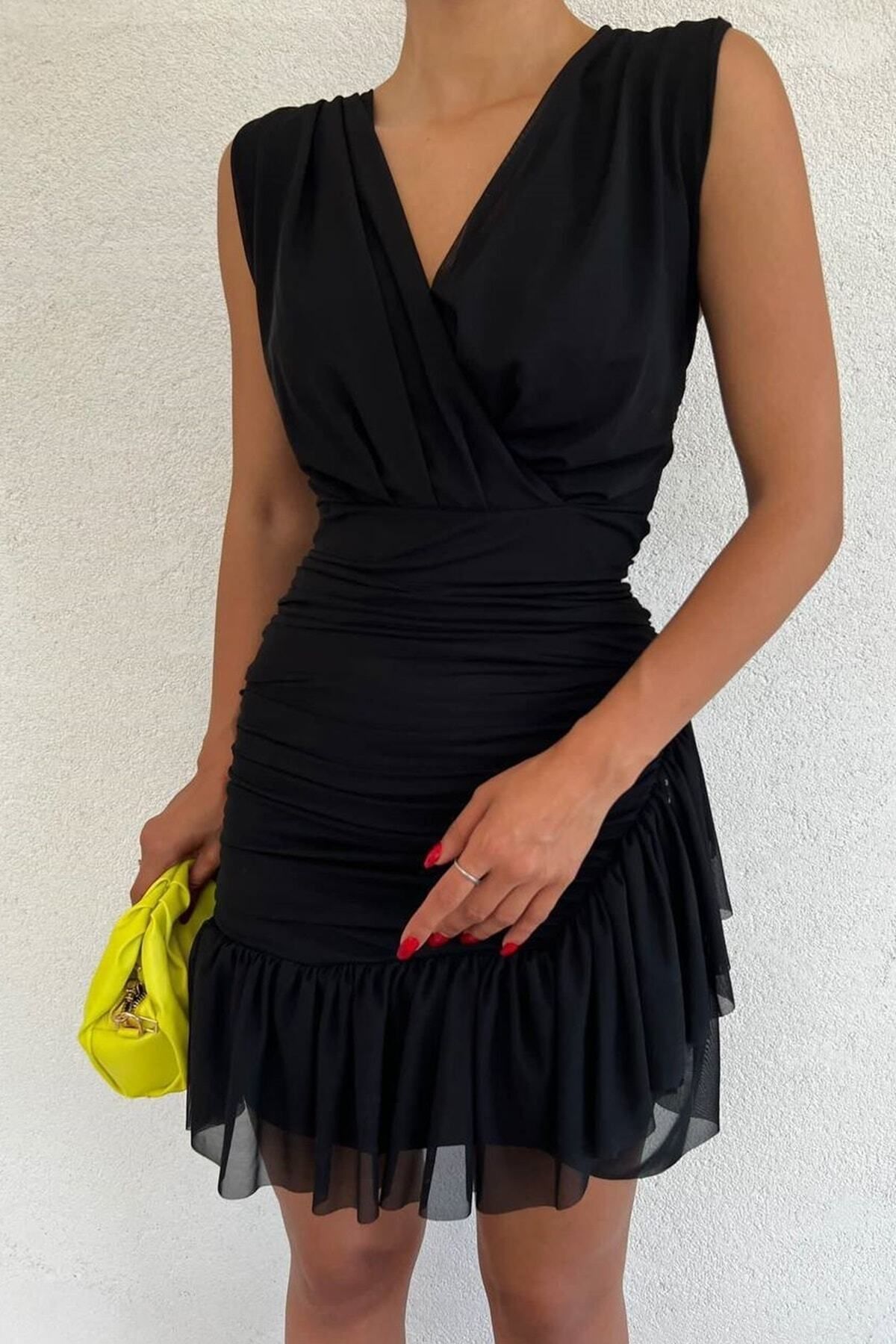 ERTULTEXTILE Astarlı Tül Kumaş Kruvaze Yaka Tasarım Kolsuz Siyah Mini Abiye Elbise 9400