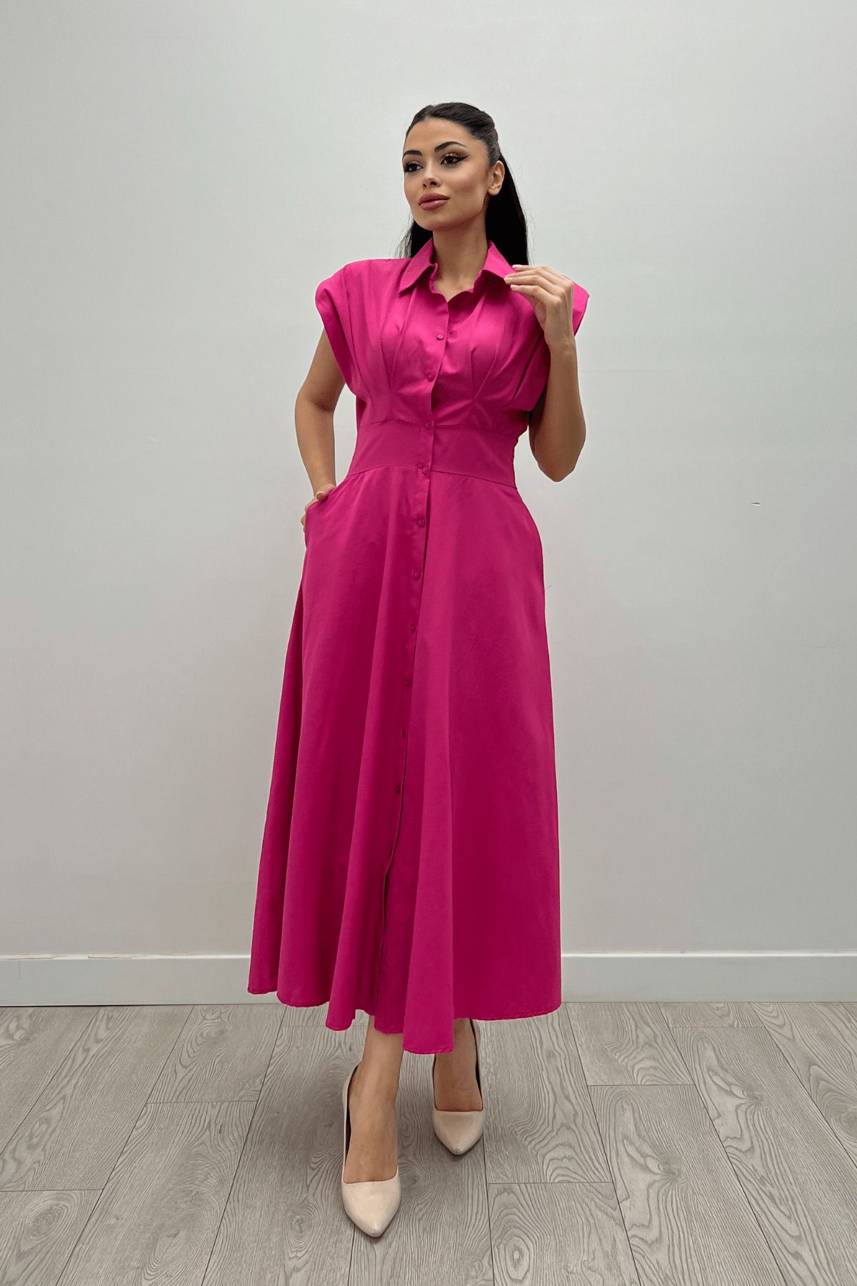 giyimmasalı Poplin Kumaş Düğme Detaylı Elbise - FUŞYA