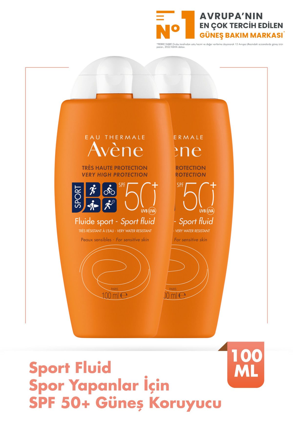 Avene Sport Fluid SPF 50+ Spor Yapanlar İçin Suya Dayanıklı Yüksek Korumalı Güneş Kremi 100 ml 2 Adet