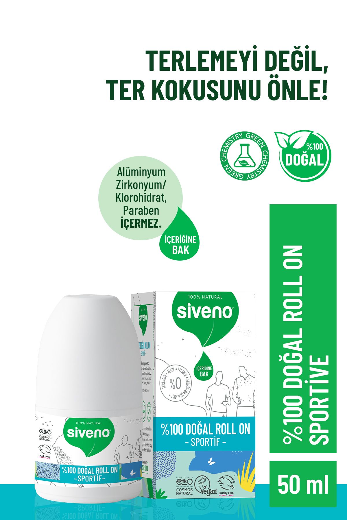 Siveno %100 Doğal Roll-on Sportif Sporcu Deodorant Ter Kokusu Önleyici Bitkisel Lekesiz Vegan 50 ml
