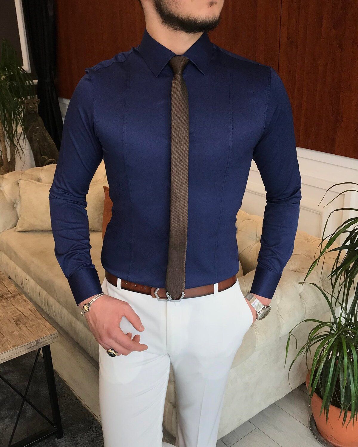 TerziAdemAltun İtalyan Stil Slim Fit Erkek Kravat Yaka Gömlek Lacivert T6814