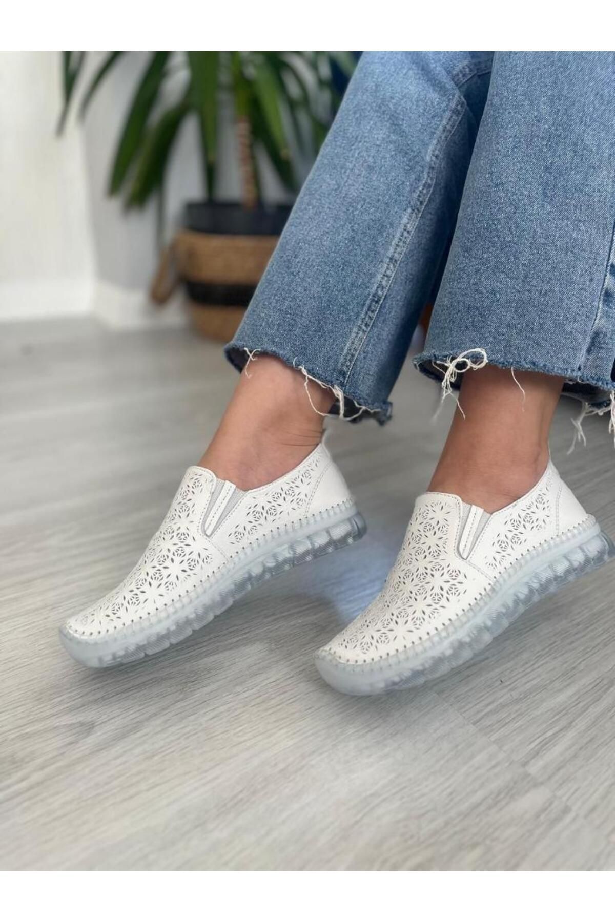 Aycn Shoes Beyaz Kadın Hakiki Deri Yumuşak Rahat Taban Sneaker Verry