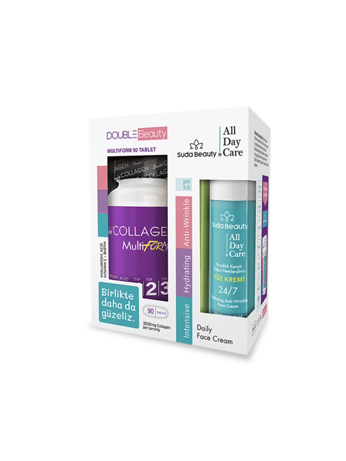 Suda Collagen Double Beauty Multıform Kolajen 90 Tablet+Suda Beauty-All Day Care Yüz Kremi 50ml