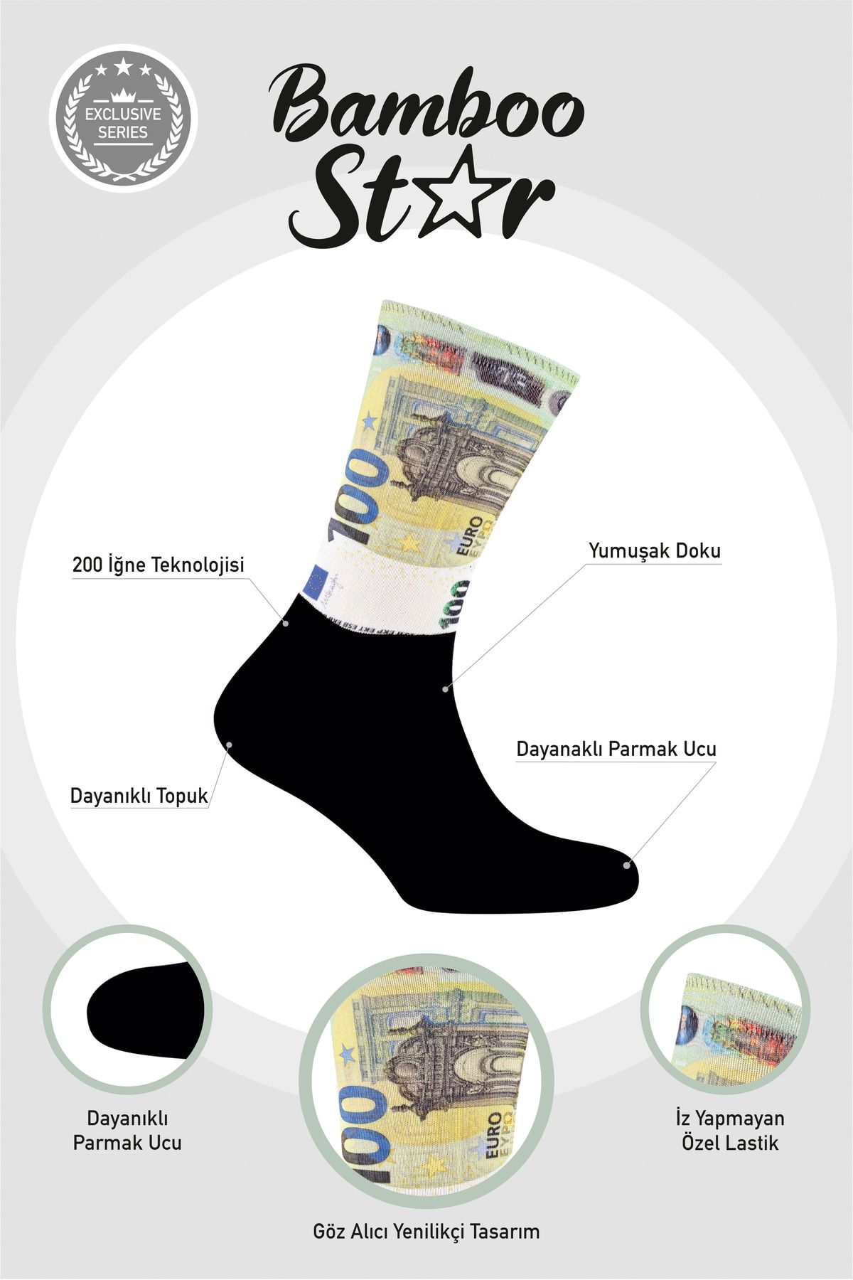 bamboo star 100 Euro Desenli Dijital Baskılı Çorap  Uzun Soket Premium Çorap  - Unisex