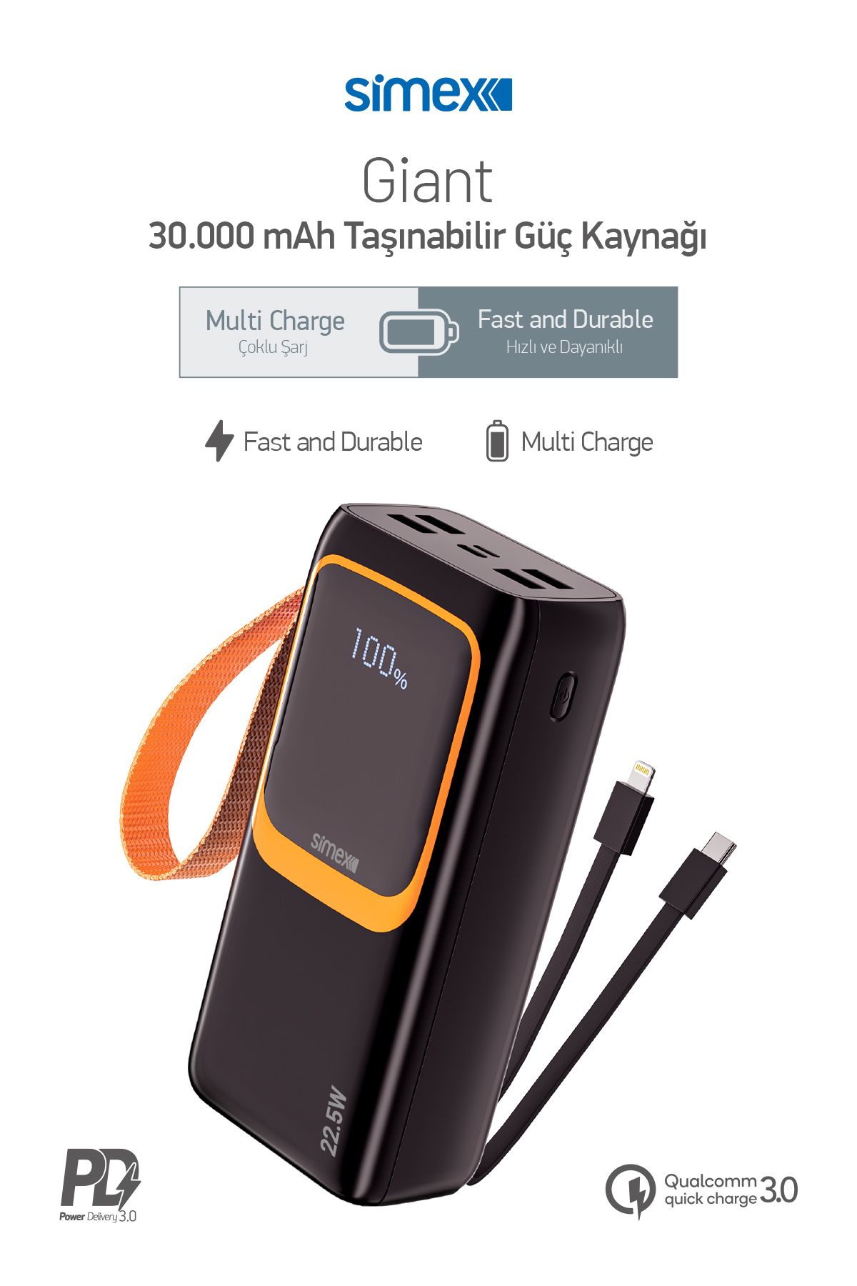 Simex 30.000 Mah Prime Dijital Göstergeli Hızlı Şarj Fener Çoklu Kablo Powerbank,Taşınabilir Şarj Cihazı