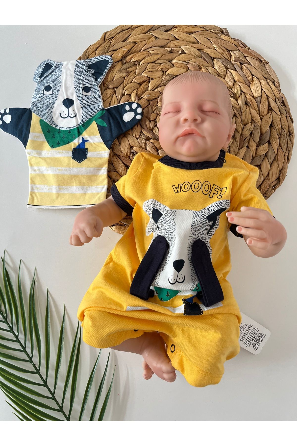 baume clothes Köpekçik Baskılı Kayısı Sarı Erkek Bebek Tulum ( Kukla Hediyeli )