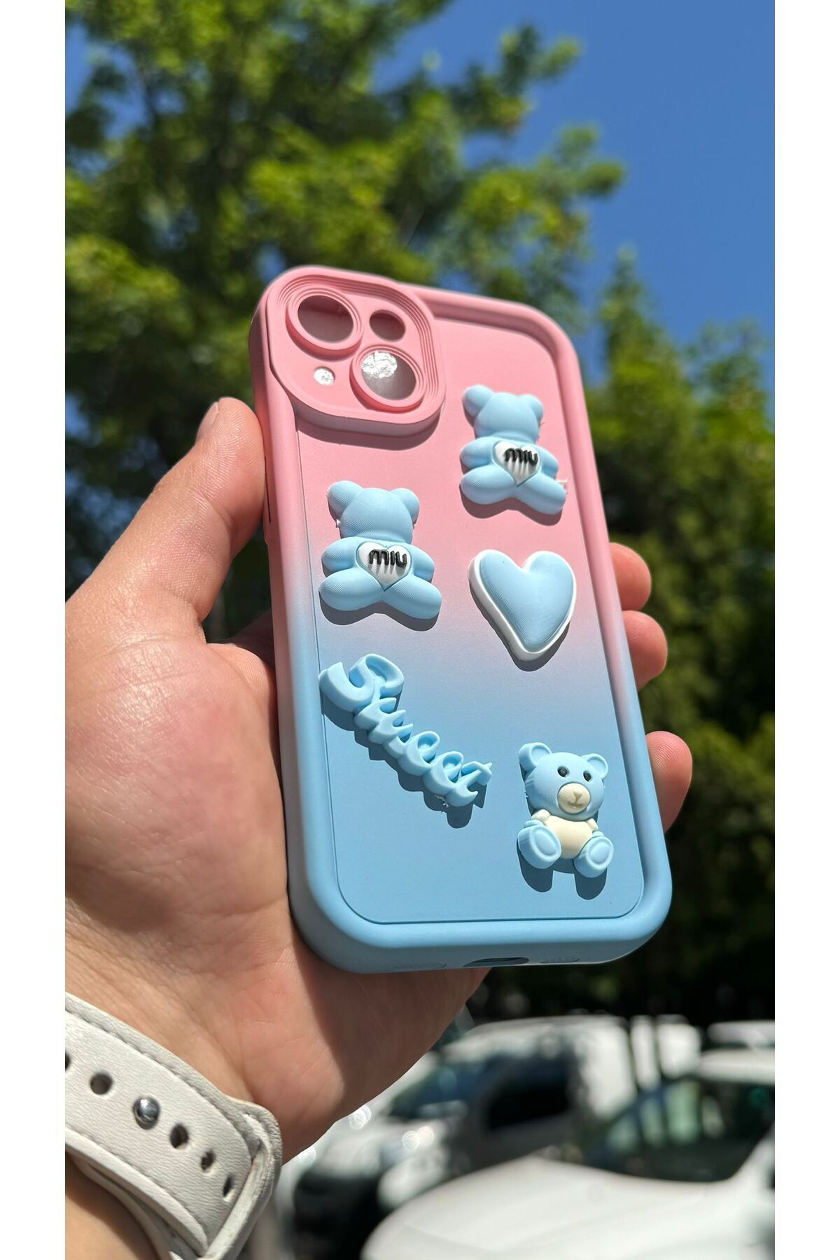 Sphone İphone 15 Plus Kılıf Çift Renkli 3D Kabartmalı Ayıcık Kalp Sweet Emoji Süslü Gökkuşağı Figür Ombre