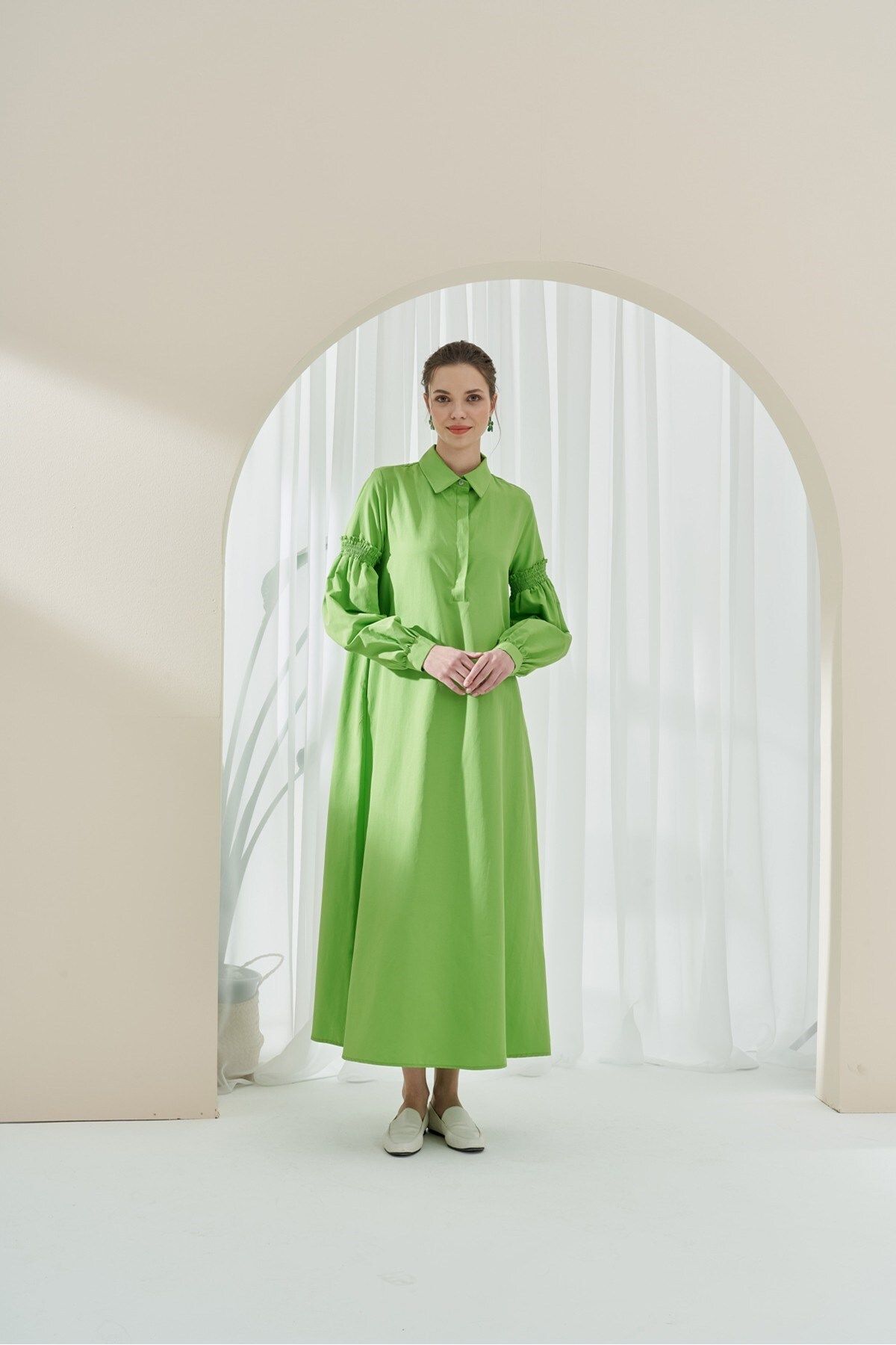 QANU Kolu Lastikli Elbise Yeşil
