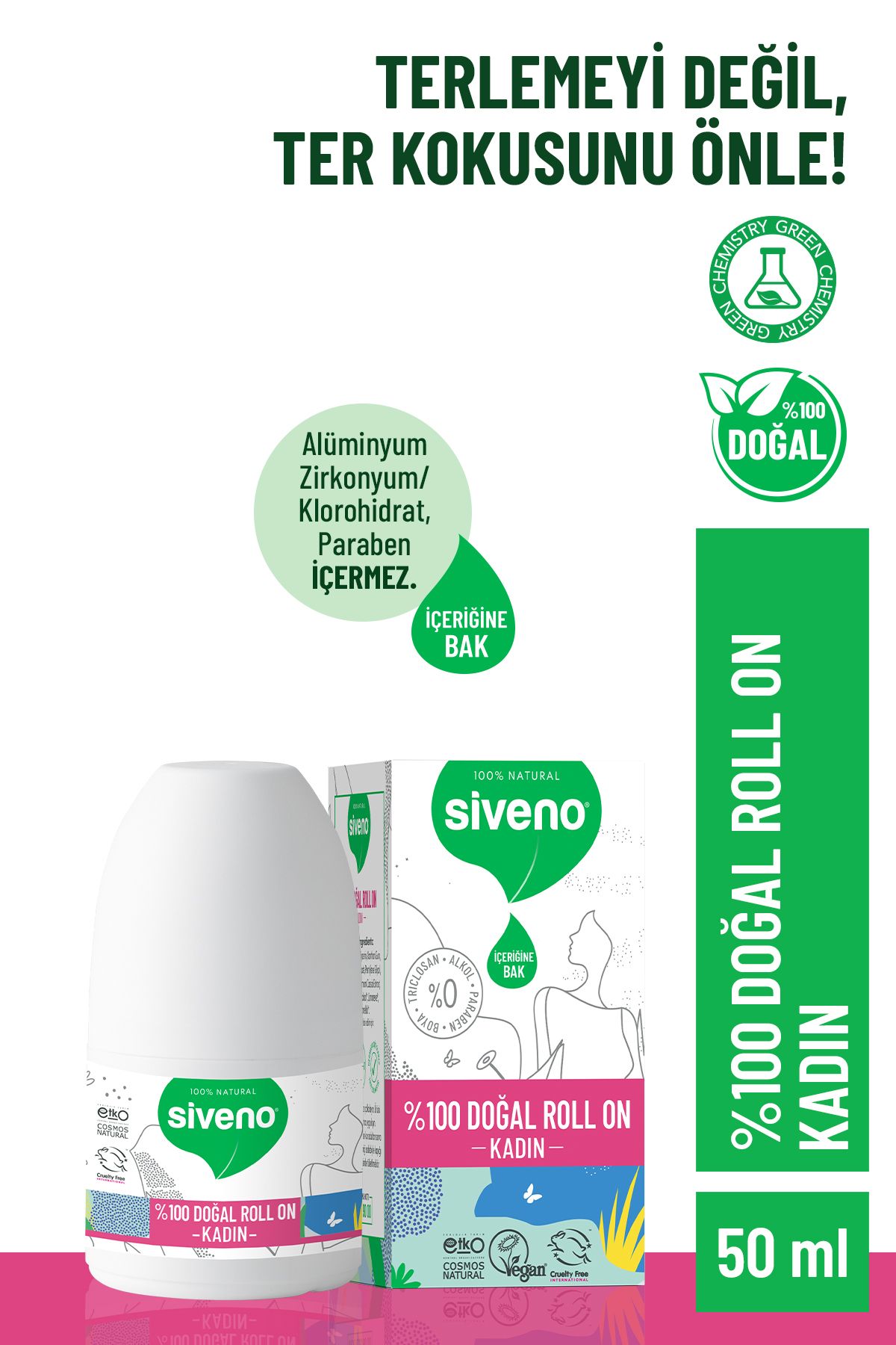 Siveno %100 Doğal Roll-on Kadın Deodorant Ter Kokusu Önleyici Bitkisel Leke Bırakmayan Vegan 50 ml