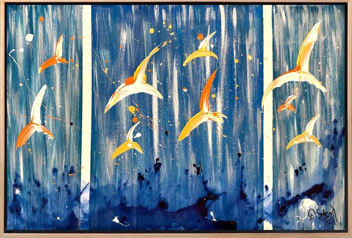 Simurg Sanatevi Gökyüzünde Turuncu Kanatlar Yağlı Boya Tablosu