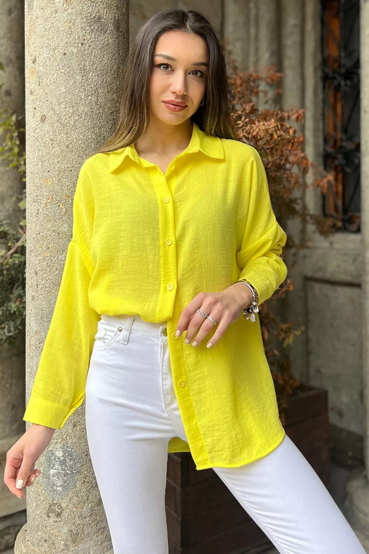 Julude Sarı Basic Salaş Kadın Gömlek