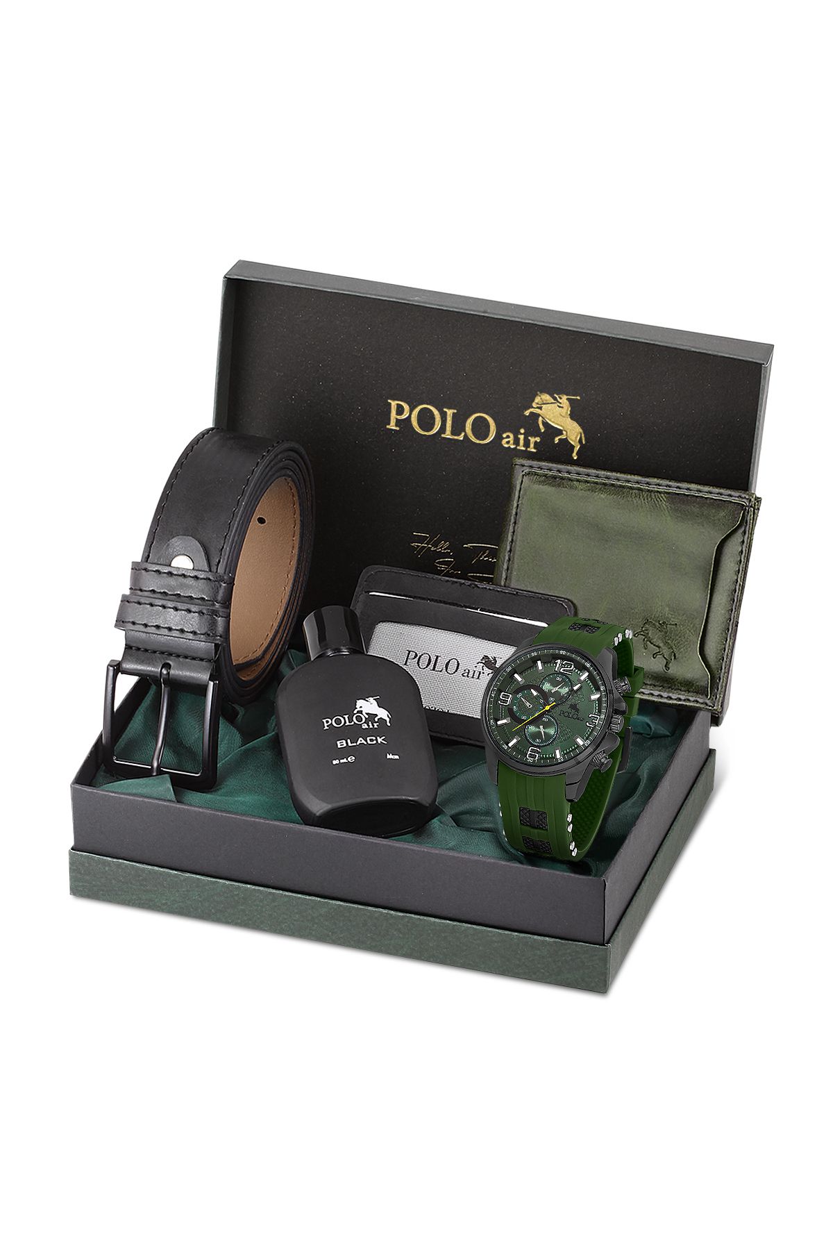 polo air Erkek Silikon Kordon Kol Saati Cüzdan Kemer Kartlık Parfüm Spor Kombin Yeşil Set PL-0862E5