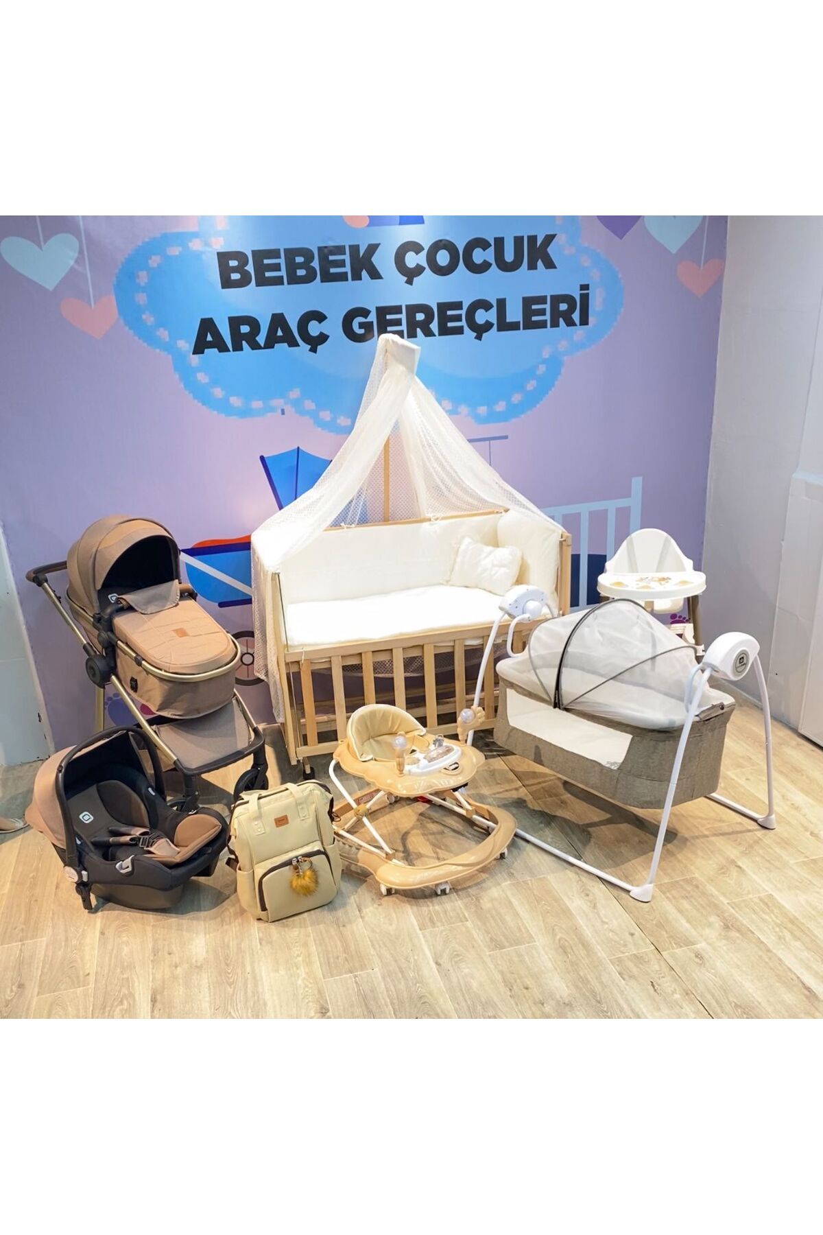 TURHAN BEBE Ahşap Anne Yanı Beşik + Bebek Arabası + Puset + Otomatik Beşik + Yürüteç + Mama Sandalyesi + Çanta