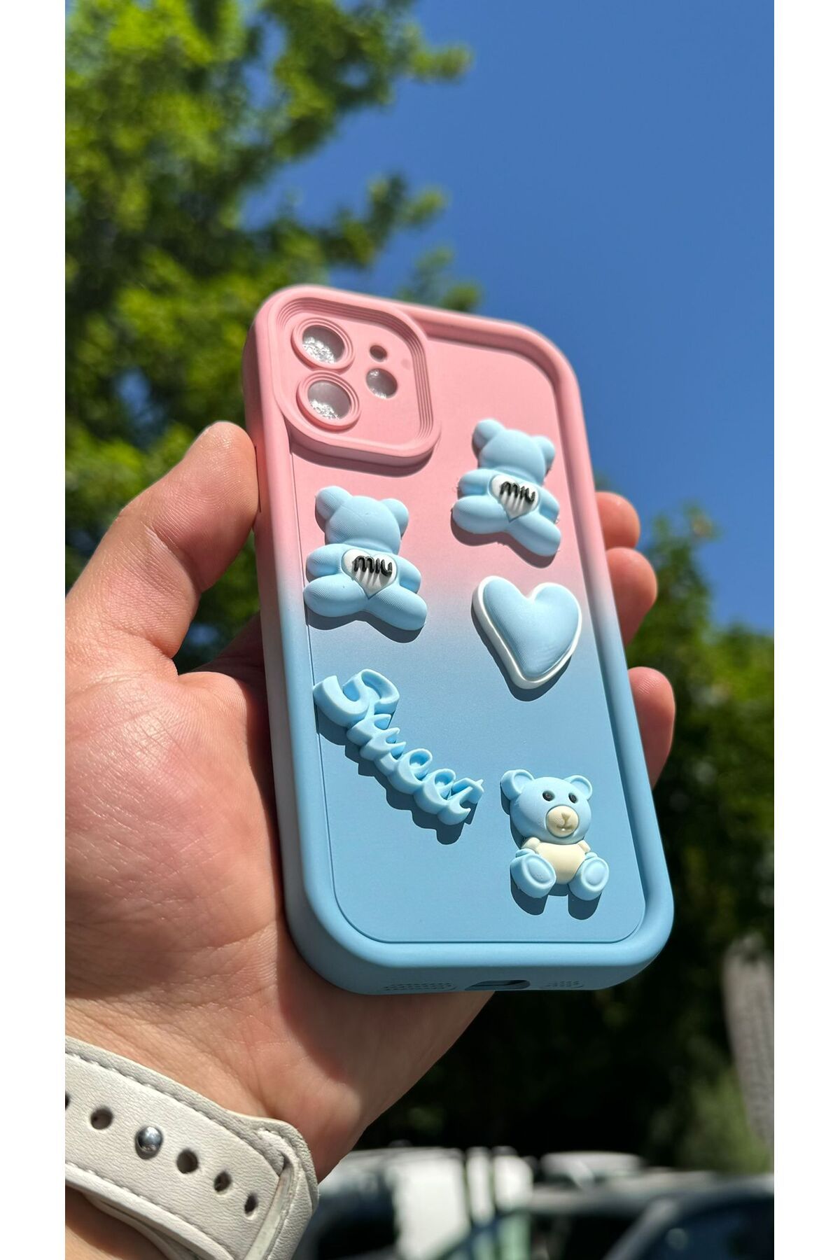 Sphone İphone 12 Kılıf Çift Renkli 3D Kabartmalı Ayıcık Kalp Love Sweet Emoji Süslü Gökkuşağı Figür Ombre