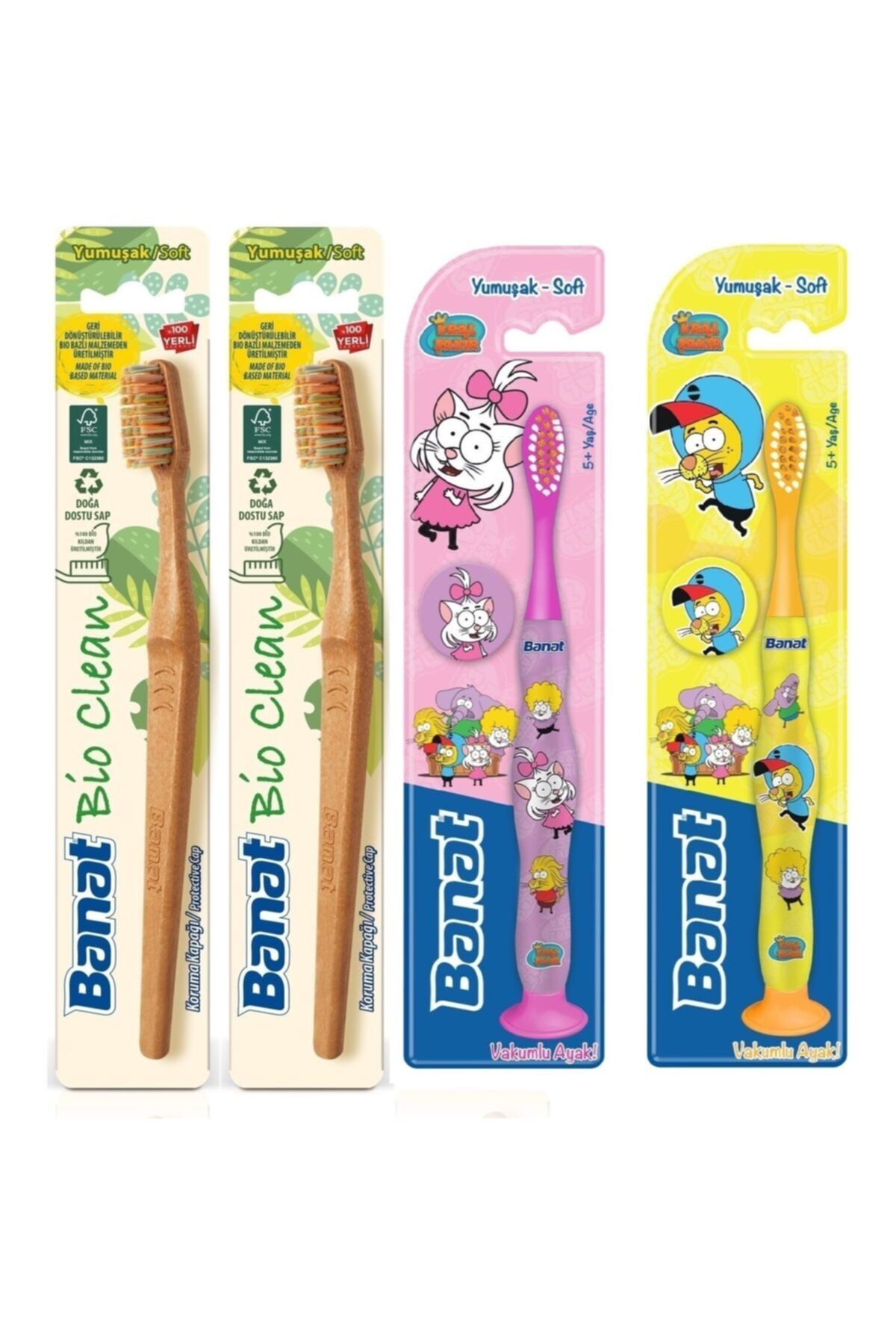 Banat Aile Paketi - 2 Adet Bio Clean + 2 Adet Kral Şakir Kapaklı Vakumlu Diş Fırçası