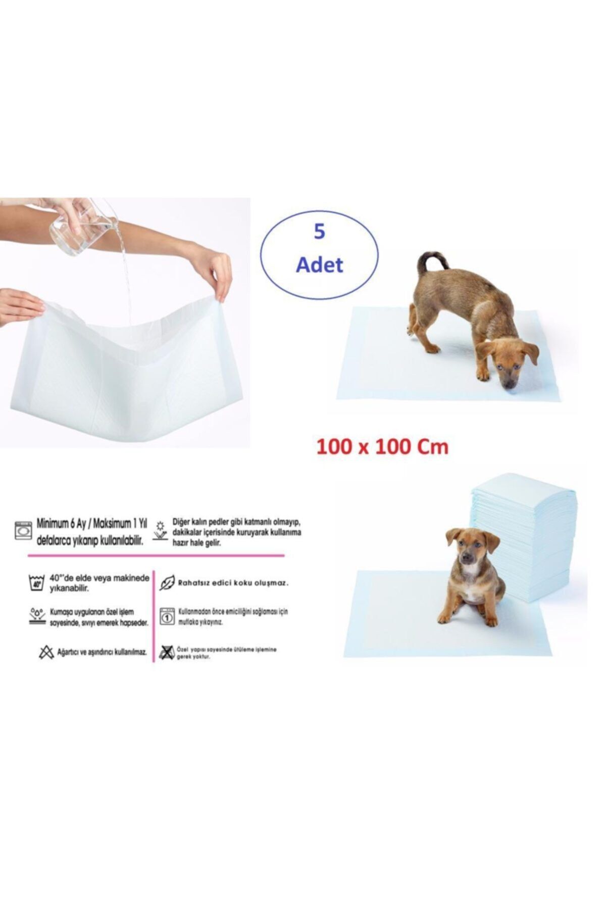 Evcil Hayvan Kedi Köpek Için Yıkanabilir Çiş Pedi - 100 X 100 Cm 5li Paket_0
