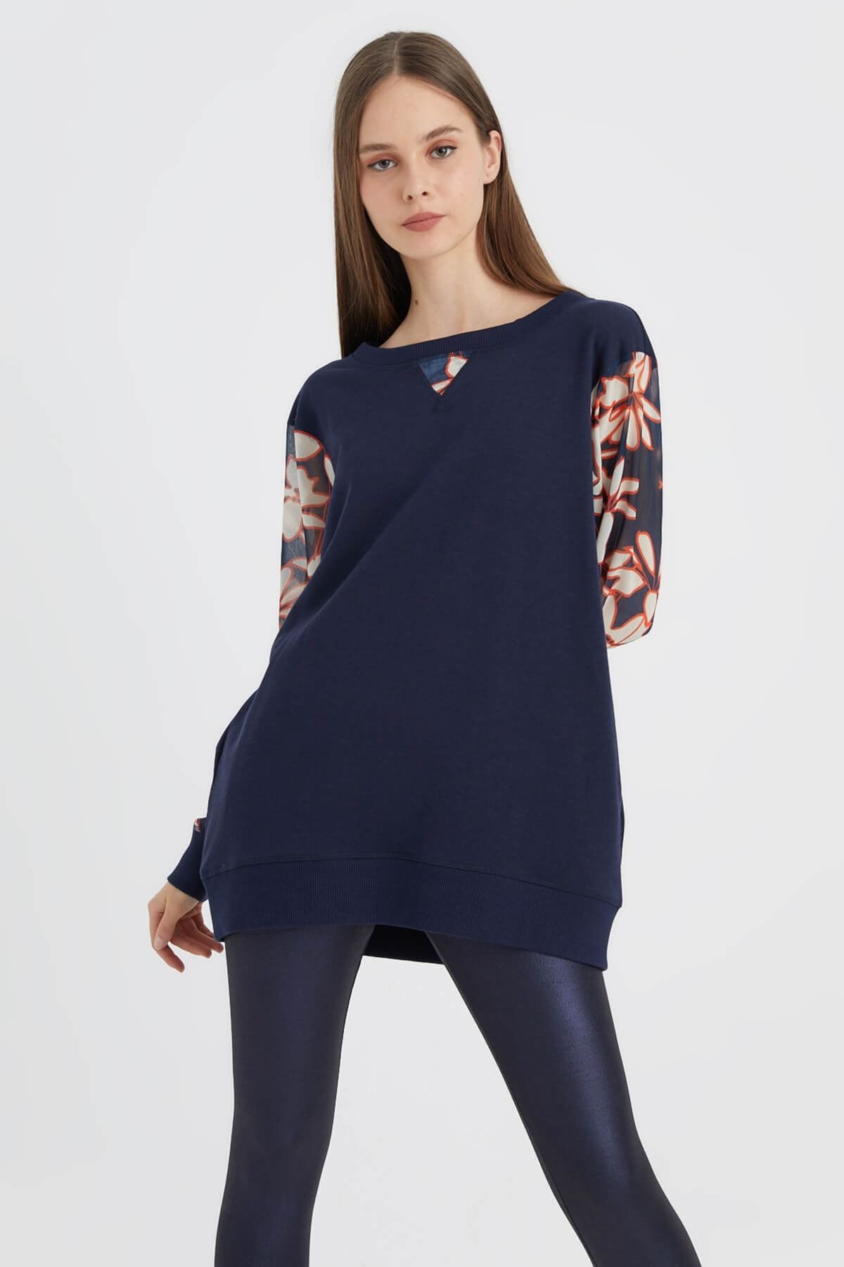 Hanna's Kadın Lacivert Kolları Şifon Desenli Örme Sweatshirt