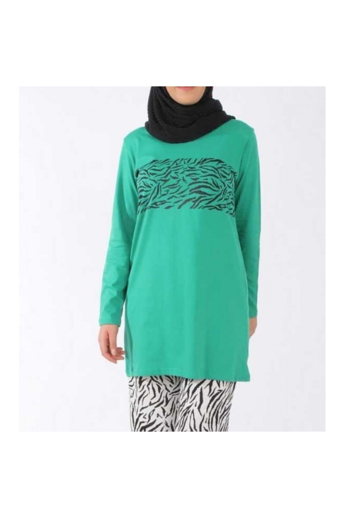 Yeşil Zebra Desenli Uzun Kol Penye Tunik